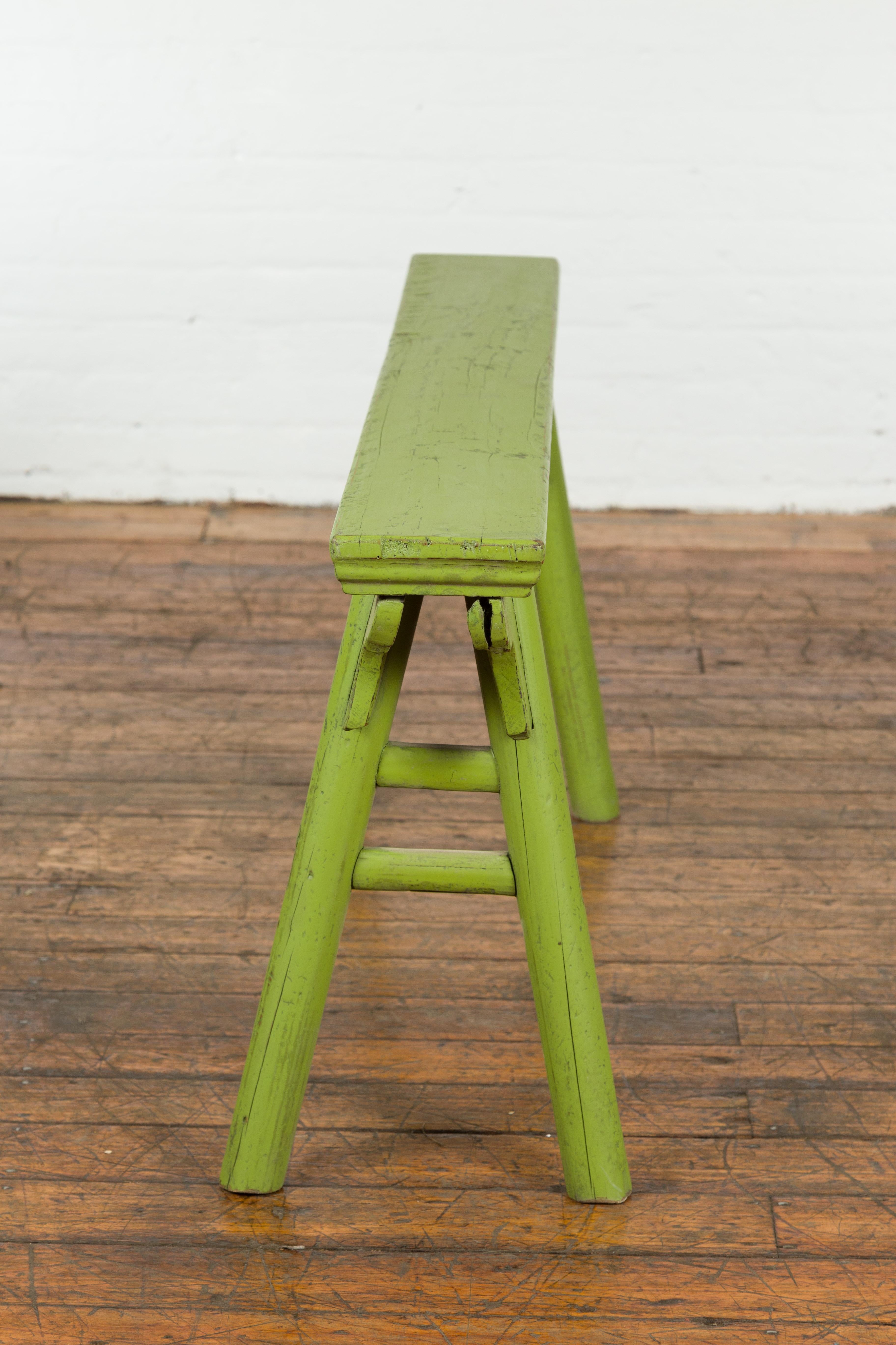 Small Vintage Javanese Bench with A-Frame Base and Custom Green Finish For Sale 6