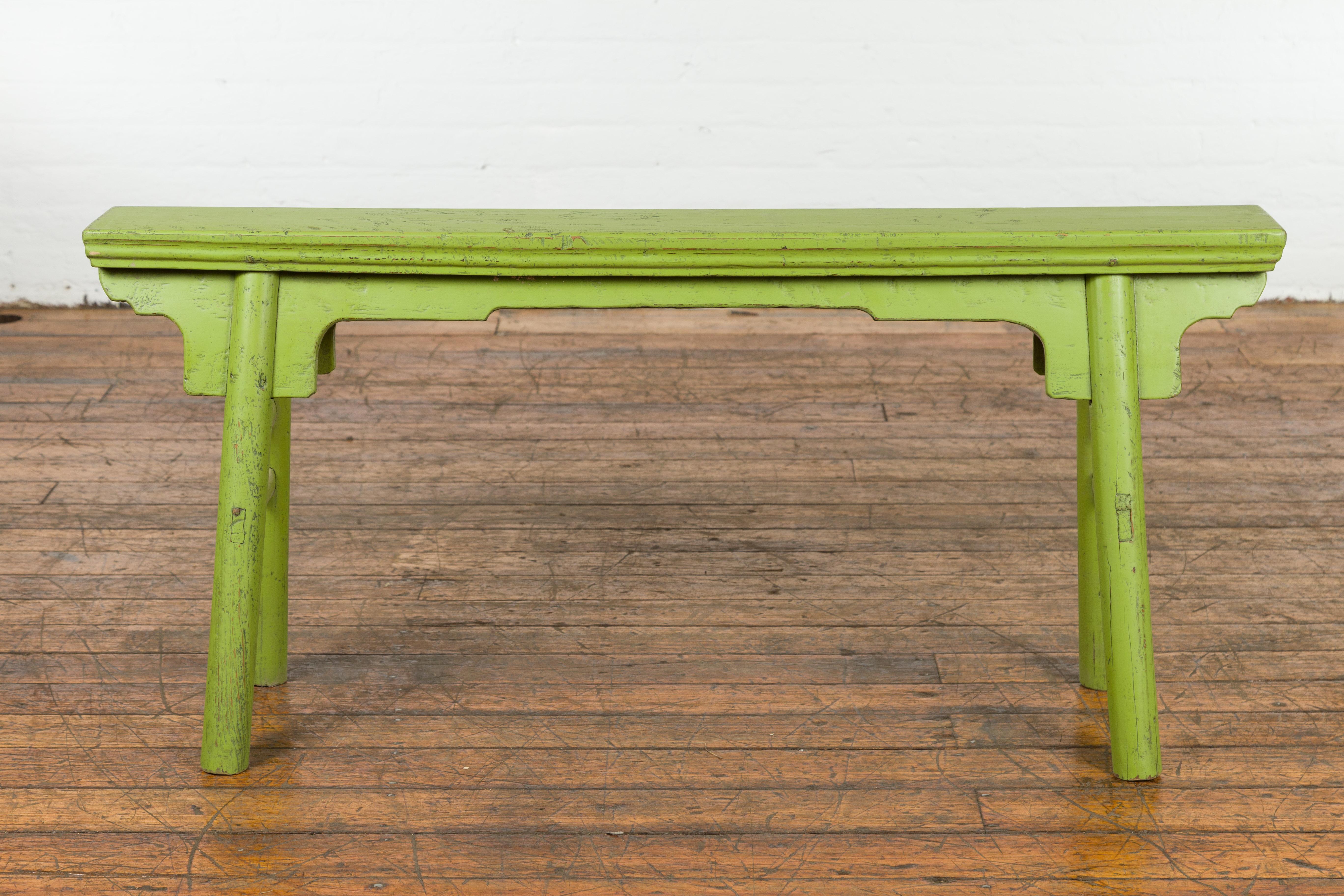 Small Vintage Javanese Bench with A-Frame Base and Custom Green Finish For Sale 9