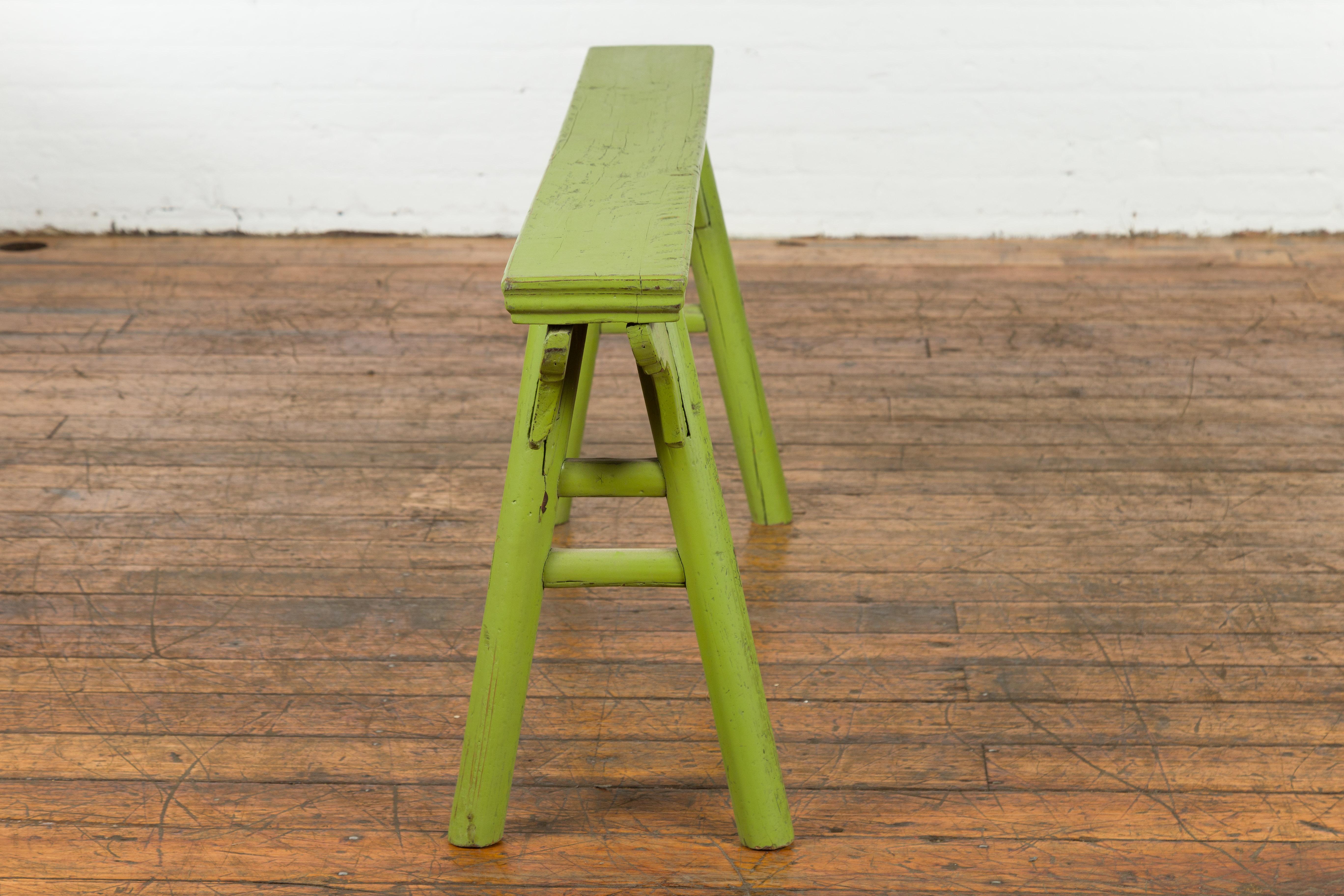Small Vintage Javanese Bench with A-Frame Base and Custom Green Finish For Sale 10