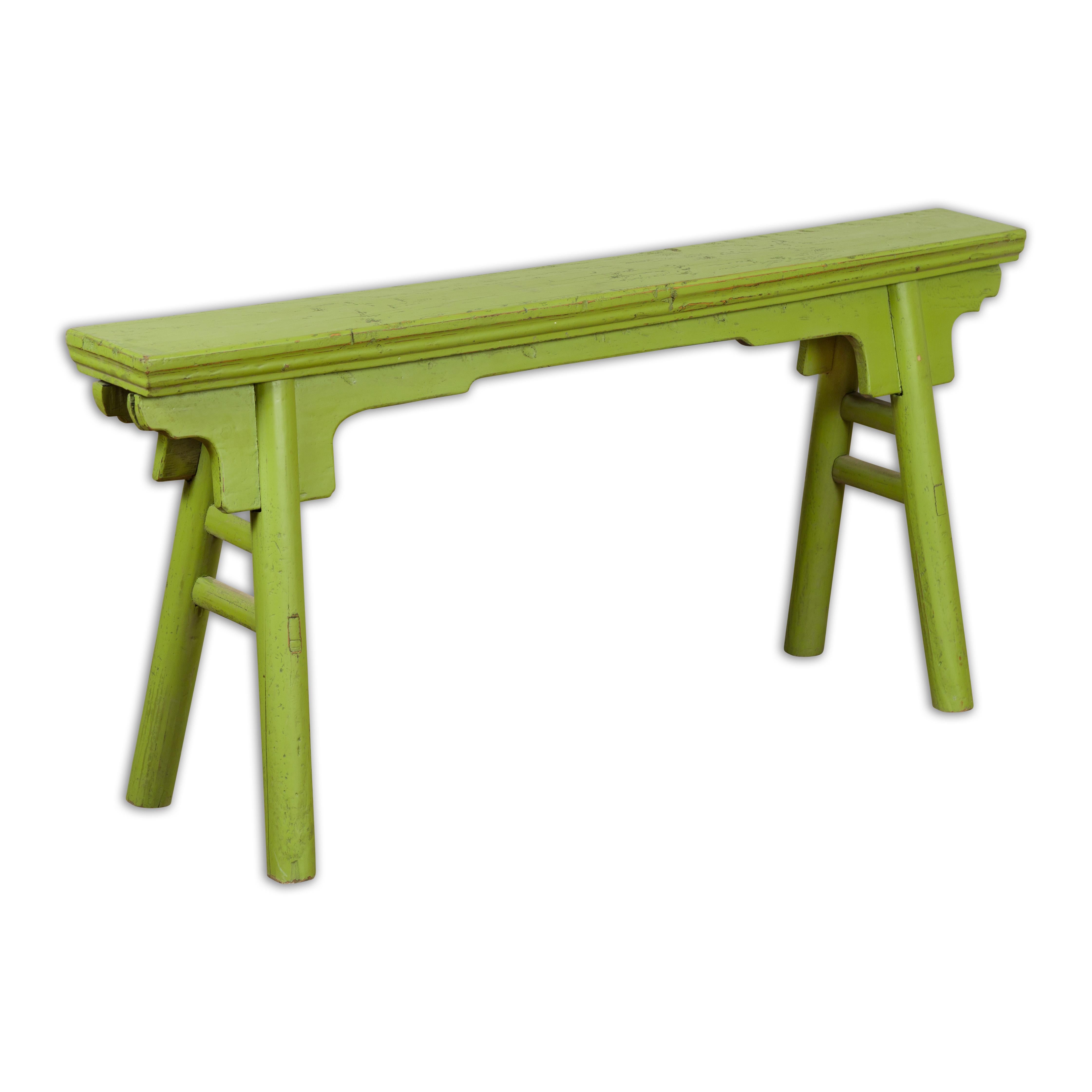 Small Vintage Javanese Bench with A-Frame Base and Custom Green Finish For Sale 11