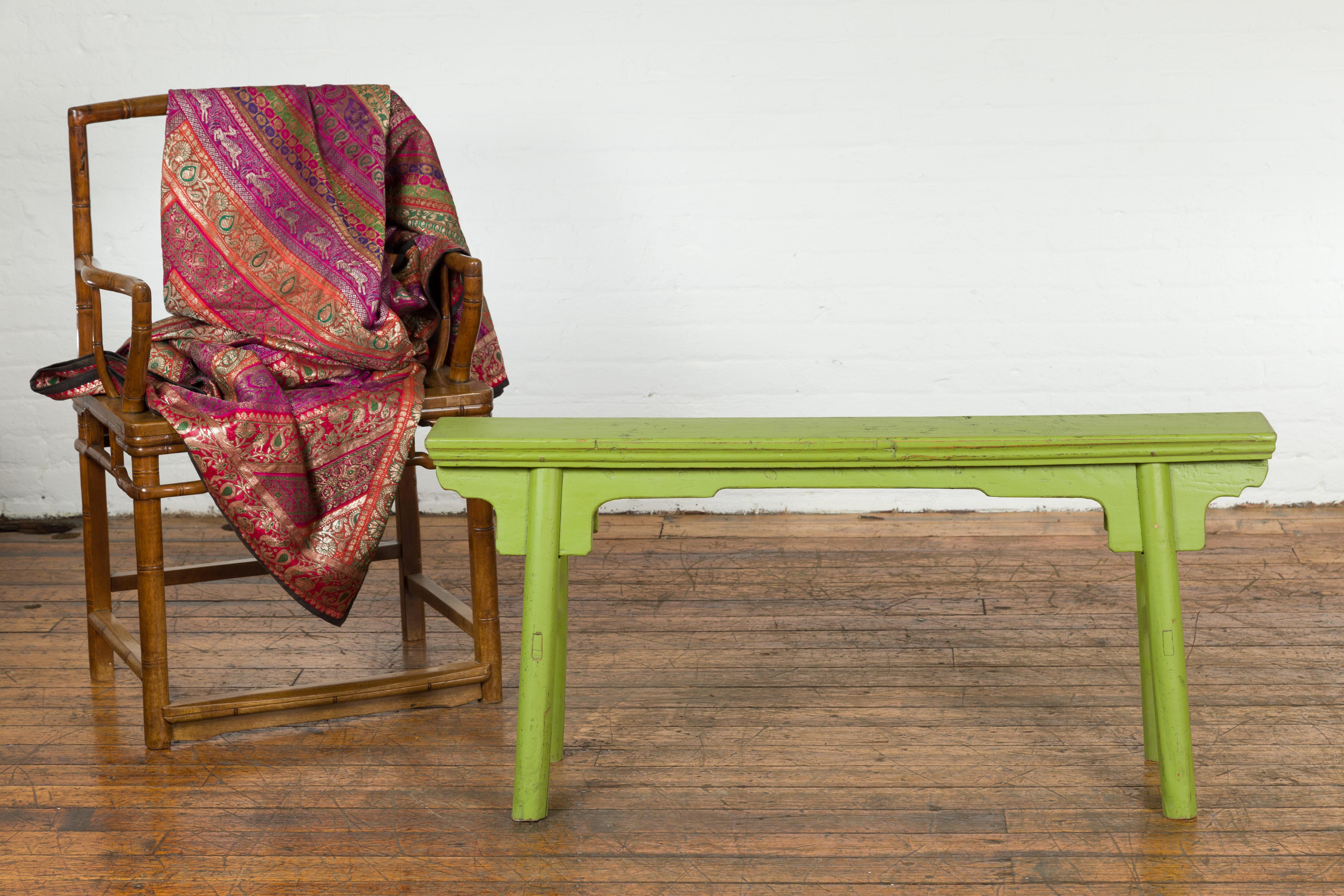 Rustic Small Vintage Javanese Bench with A-Frame Base and Custom Green Finish For Sale