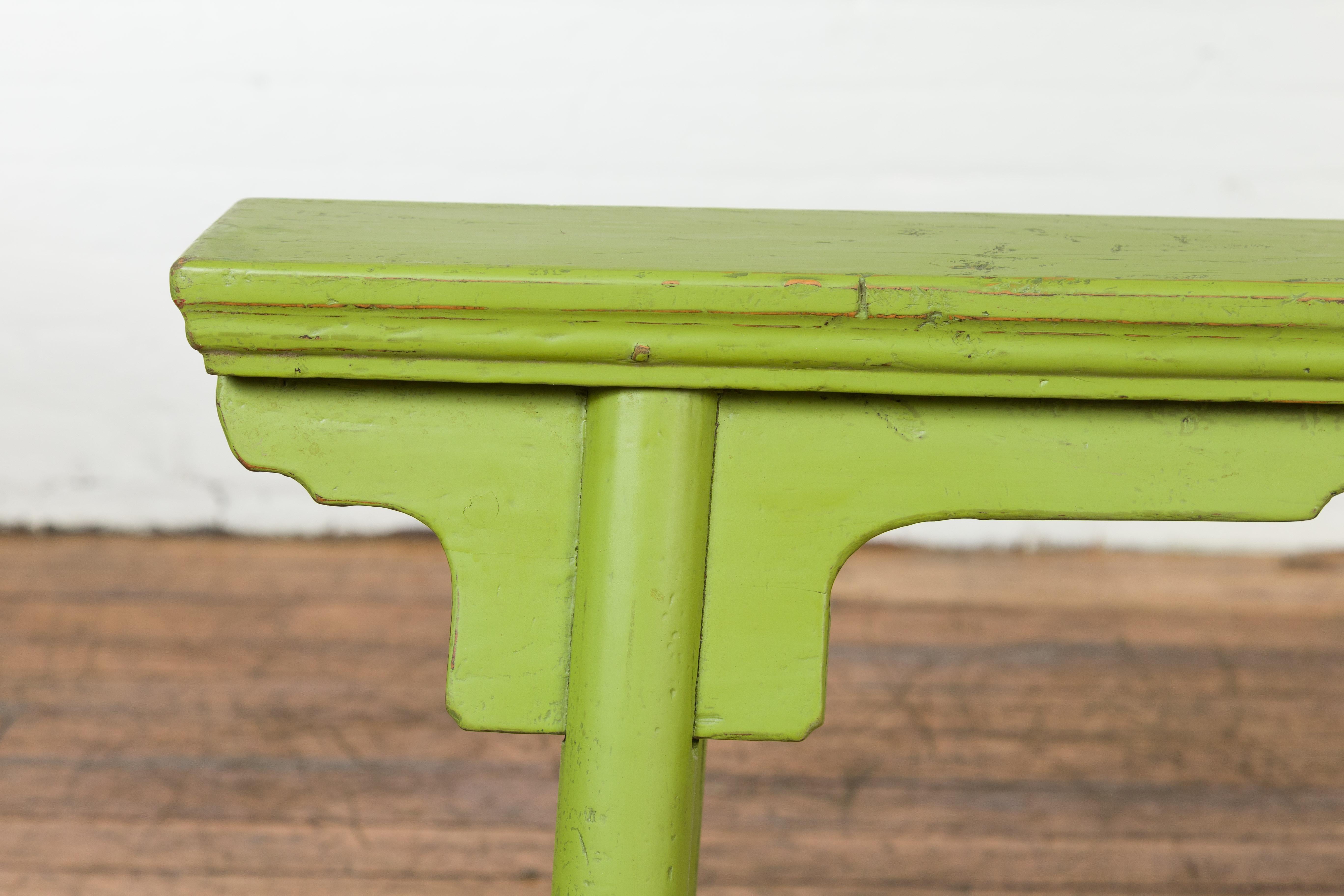 Carved Small Vintage Javanese Bench with A-Frame Base and Custom Green Finish For Sale