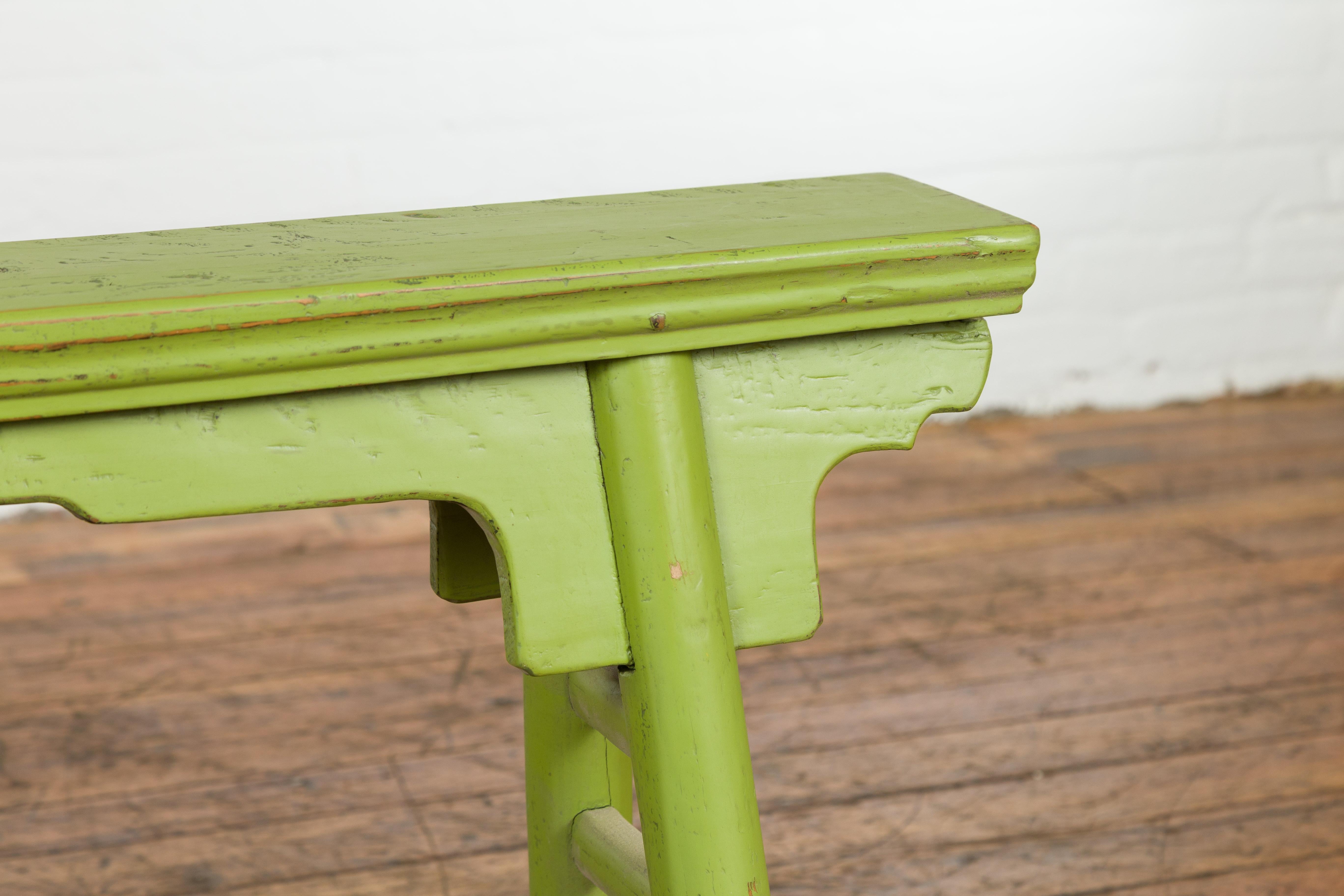 Small Vintage Javanese Bench with A-Frame Base and Custom Green Finish In Good Condition For Sale In Yonkers, NY