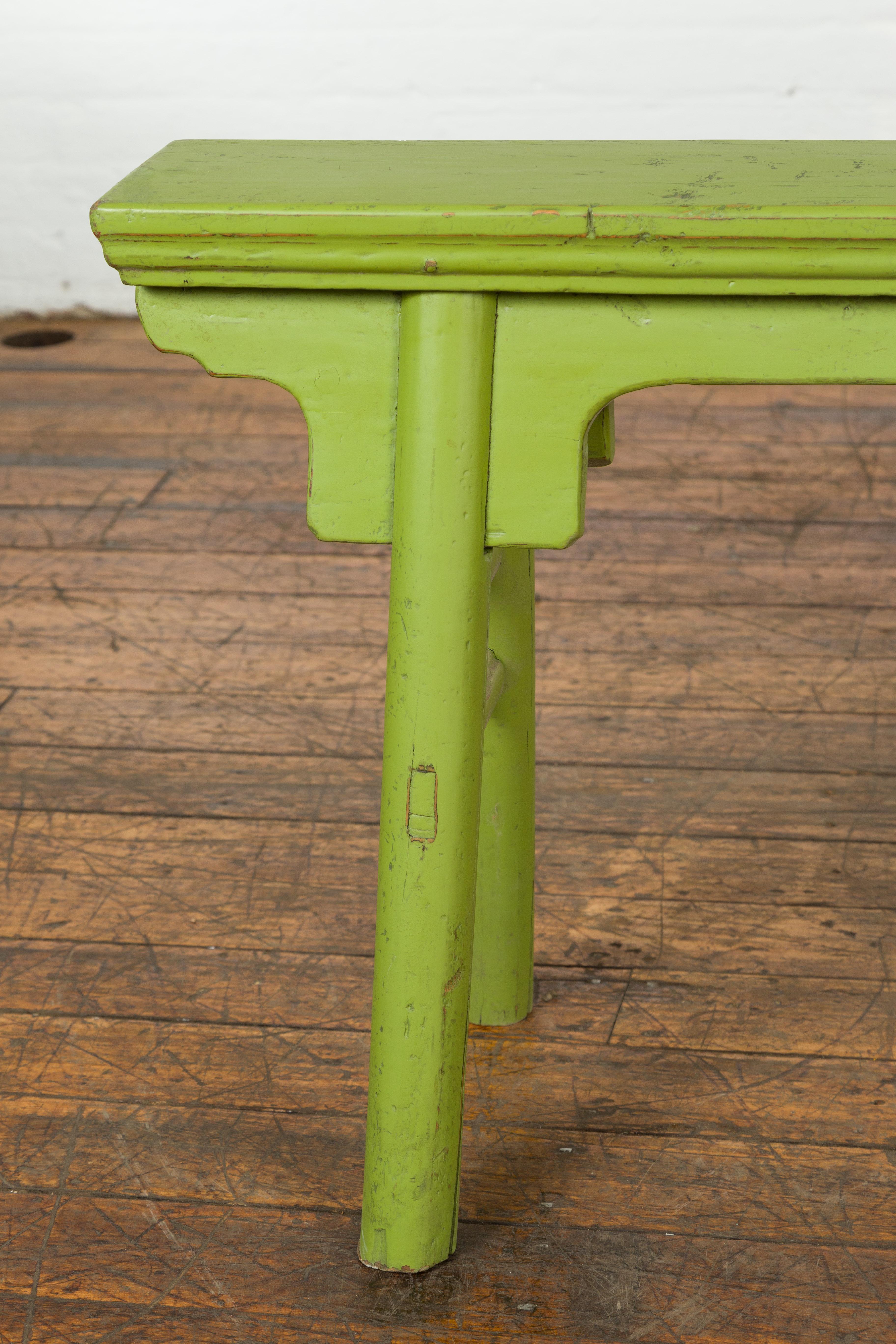 20th Century Small Vintage Javanese Bench with A-Frame Base and Custom Green Finish For Sale