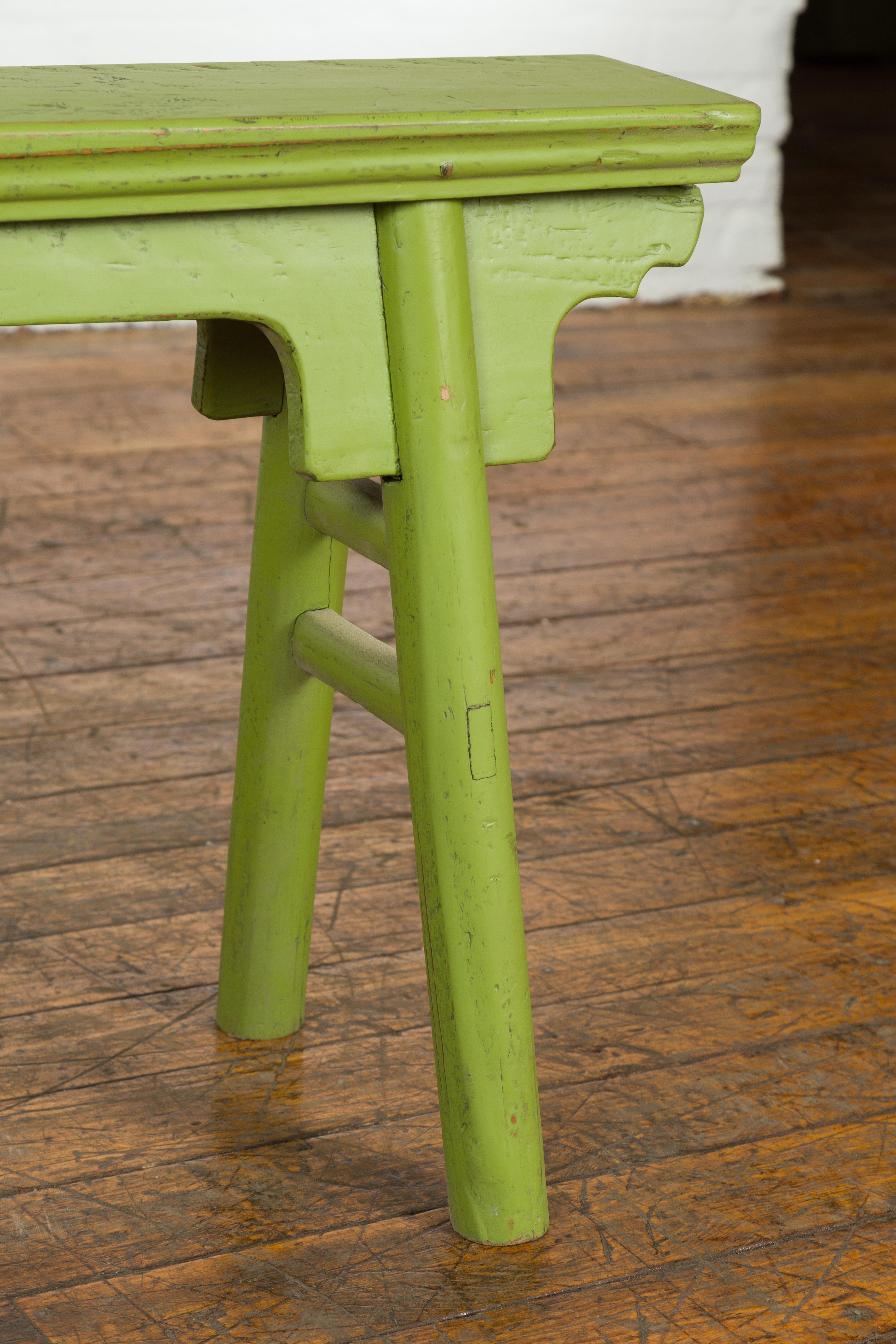 Wood Small Vintage Javanese Bench with A-Frame Base and Custom Green Finish For Sale