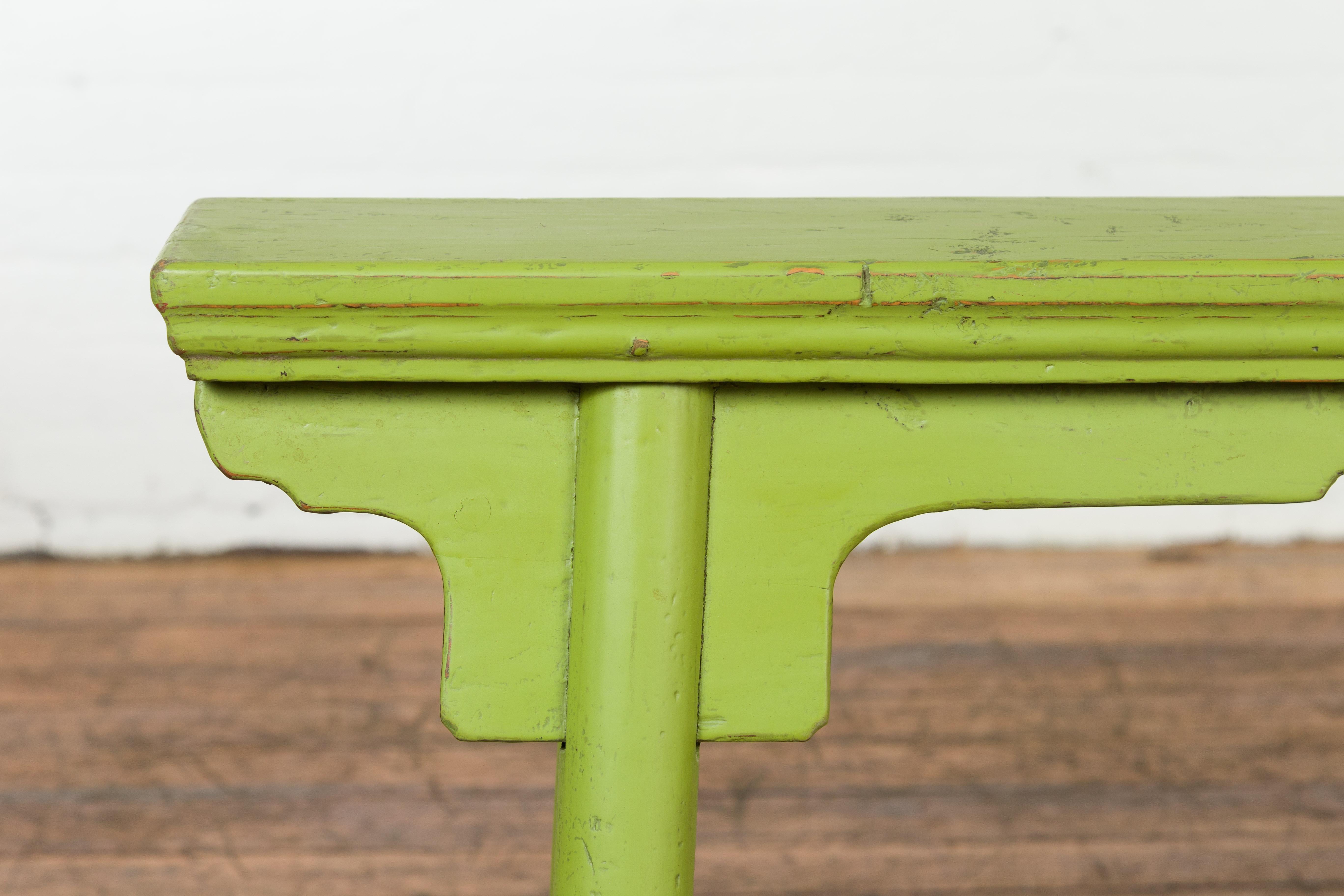 Small Vintage Javanese Bench with A-Frame Base and Custom Green Finish For Sale 1