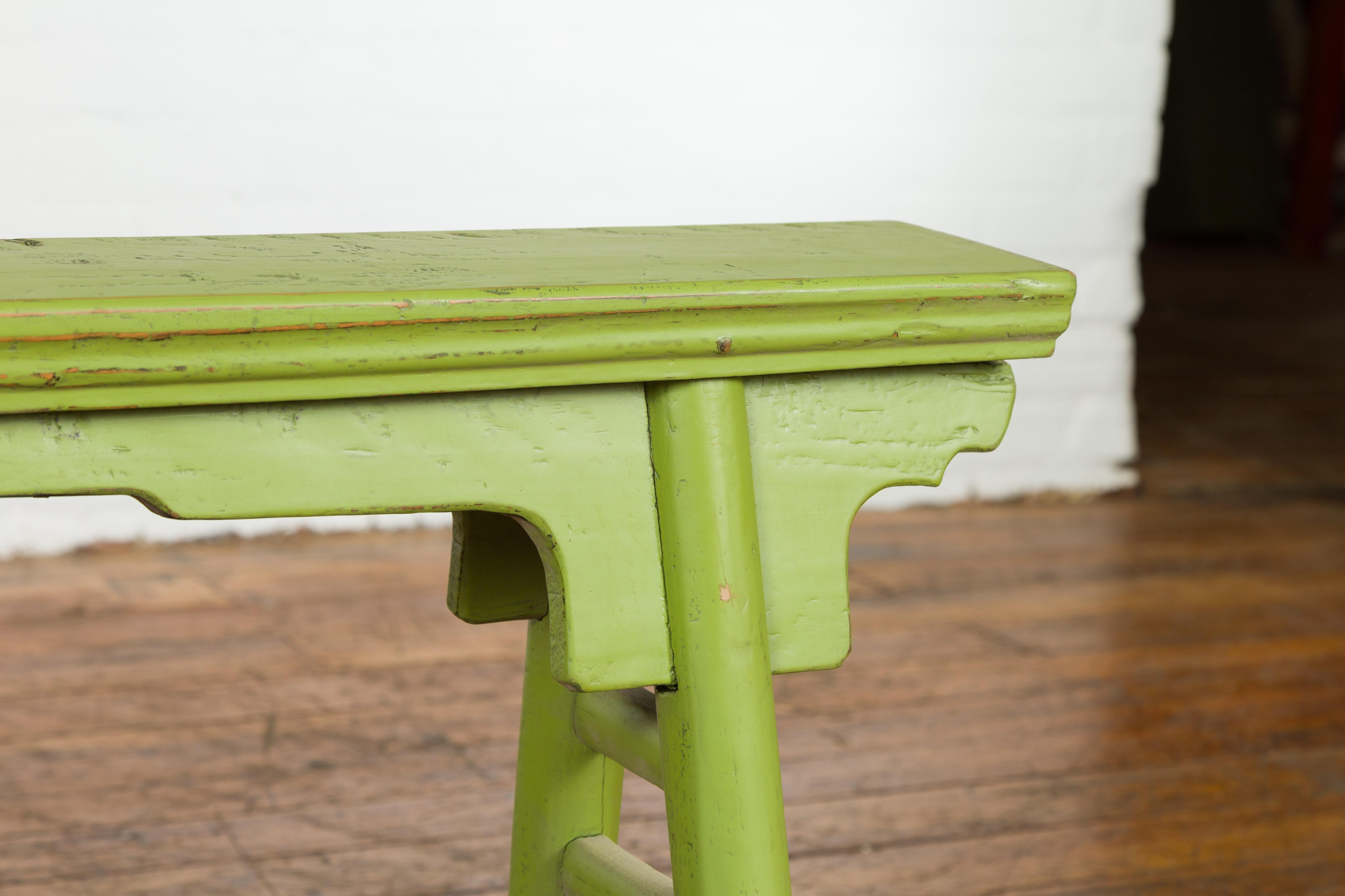 Small Vintage Javanese Bench with A-Frame Base and Custom Green Finish For Sale 2