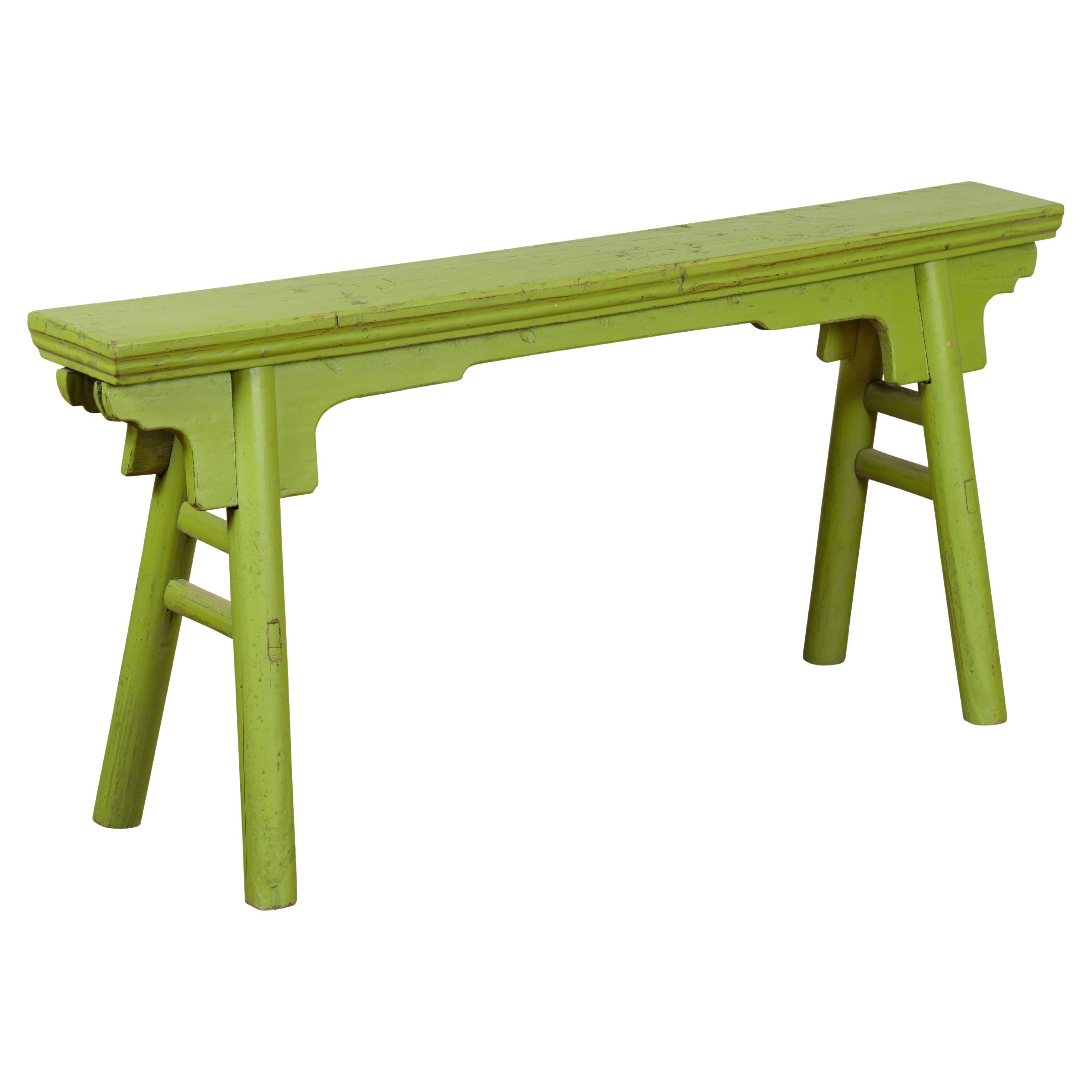 Small Vintage Javanese Bench with A-Frame Base and Custom Green Finish For Sale