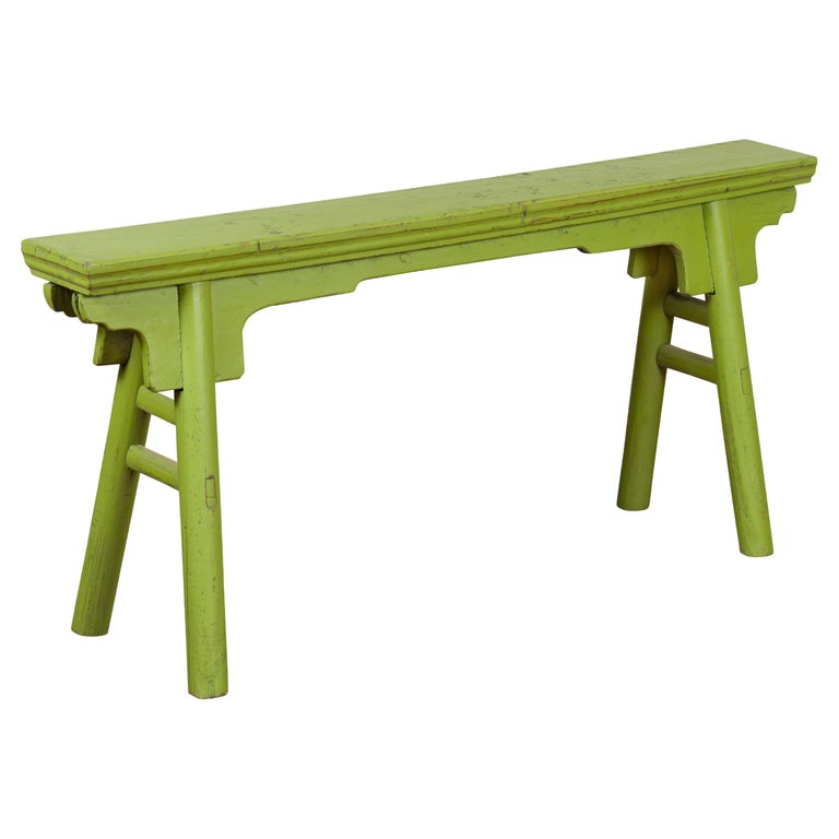 Small Vintage Javanese Bench with AFrame Base and Custom Green Finish