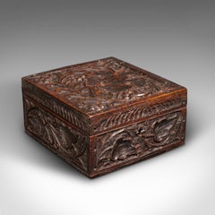 Small Vintage Keepsake Box, Indian, Teak, Storage Case, Carved, Art Deco, C.1940
