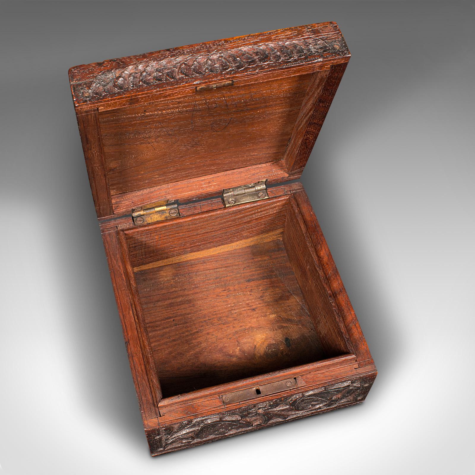 Small Vintage Keepsake Box, Indian, Teak, Storage Case, Carved, Art Deco, C.1940 For Sale 3