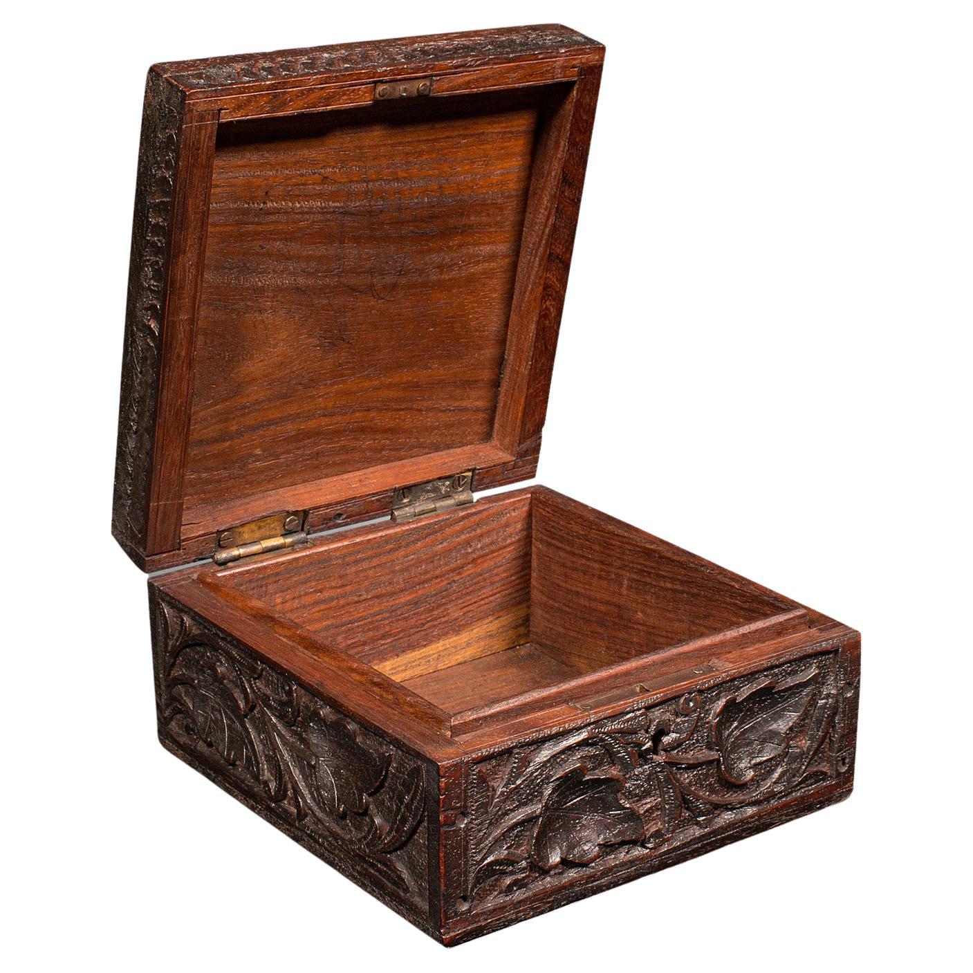 Small Vintage Keepsake Box, Indian, Teak, Storage Case, Carved, Art Deco, C.1940 For Sale