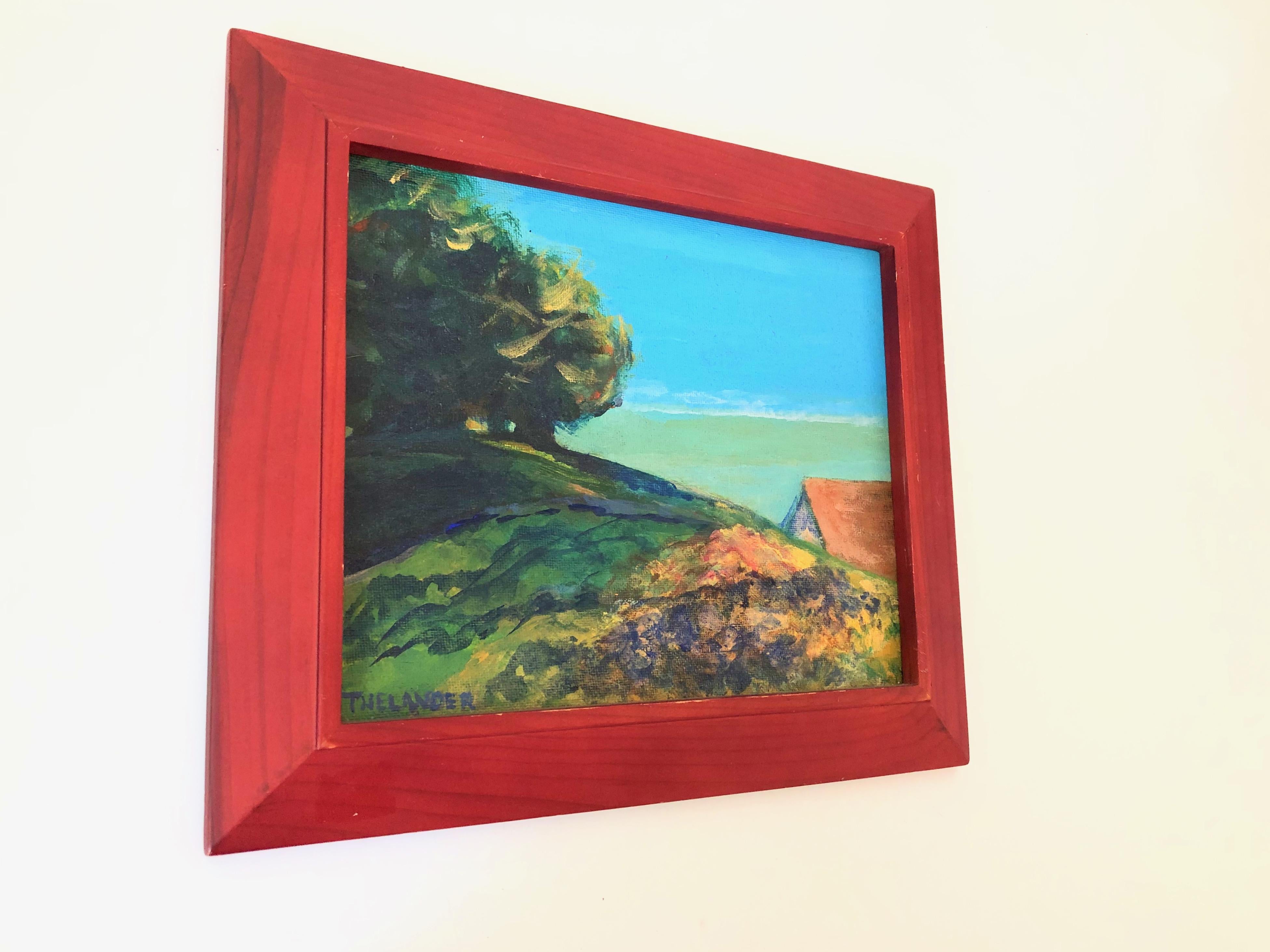 A small vintage original landscape oil painting on canvas board. Well executed in a lovely impressionist style. Mounted in a red wood frame. Titled 