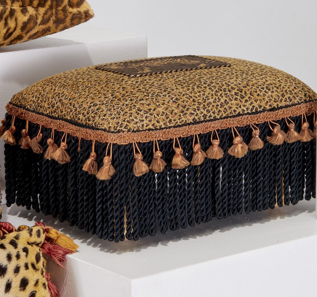 American Small Vintage Leopard Print Footstool with Tassel Trim and Bullion Fringe For Sale