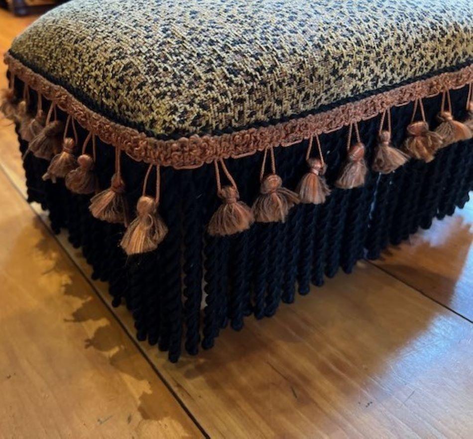Late 20th Century Small Vintage Leopard Print Footstool with Tassel Trim and Bullion Fringe For Sale