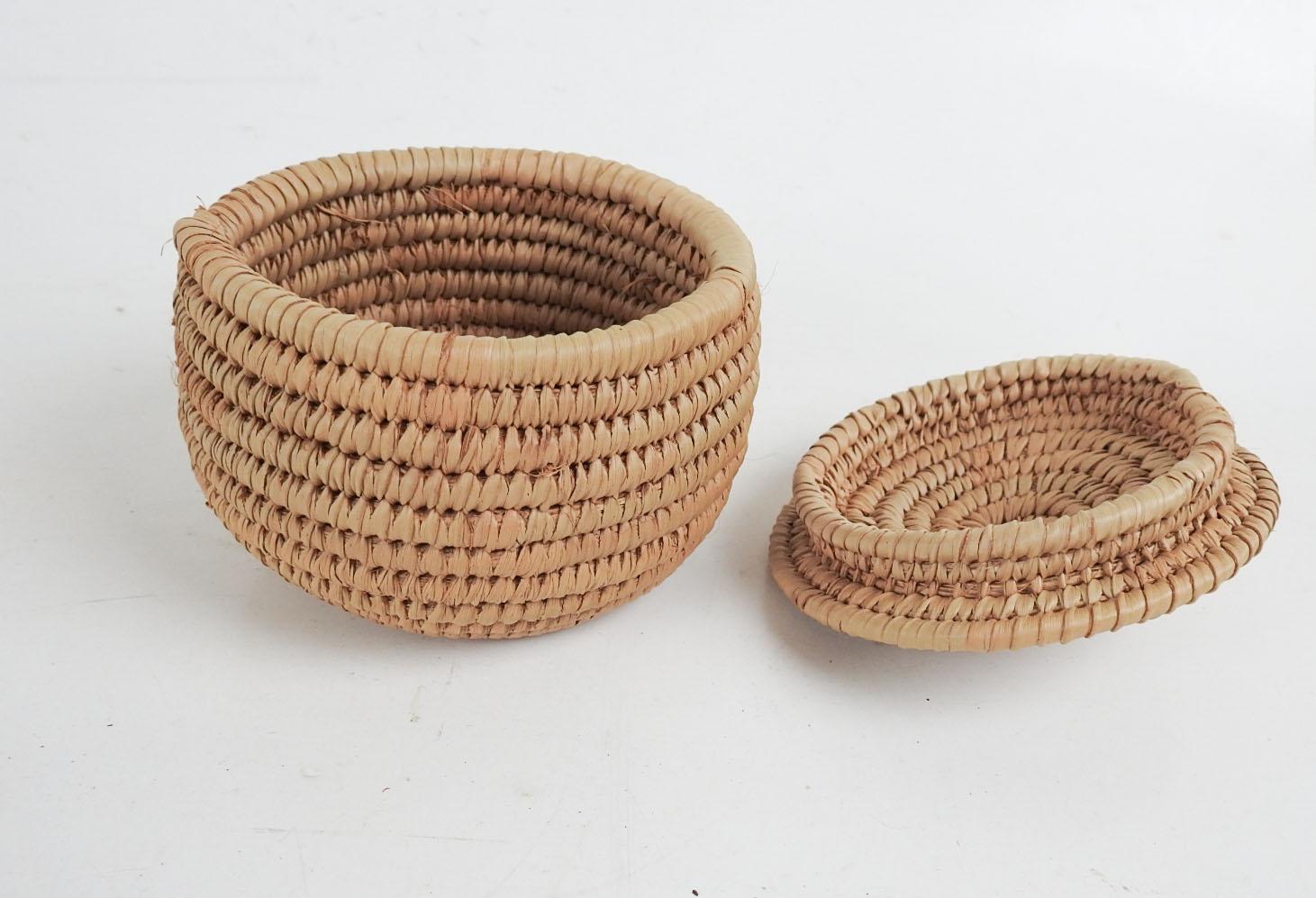 Native American Small Vintage Lidded Coiled Basket For Sale