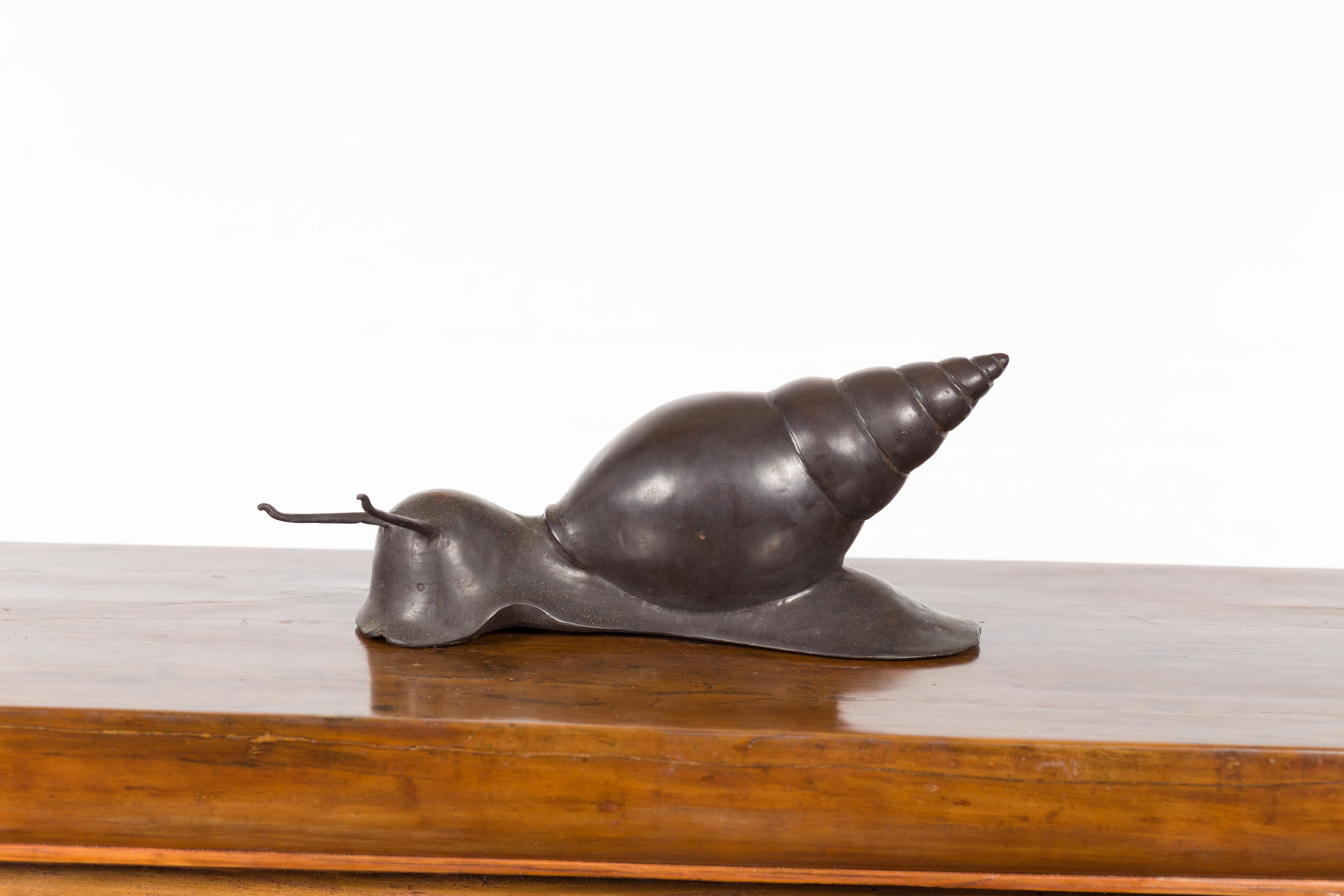 Small Vintage Lost Wax Cast Bronze Snail Sculpture with Dark Patina In Good Condition For Sale In Yonkers, NY