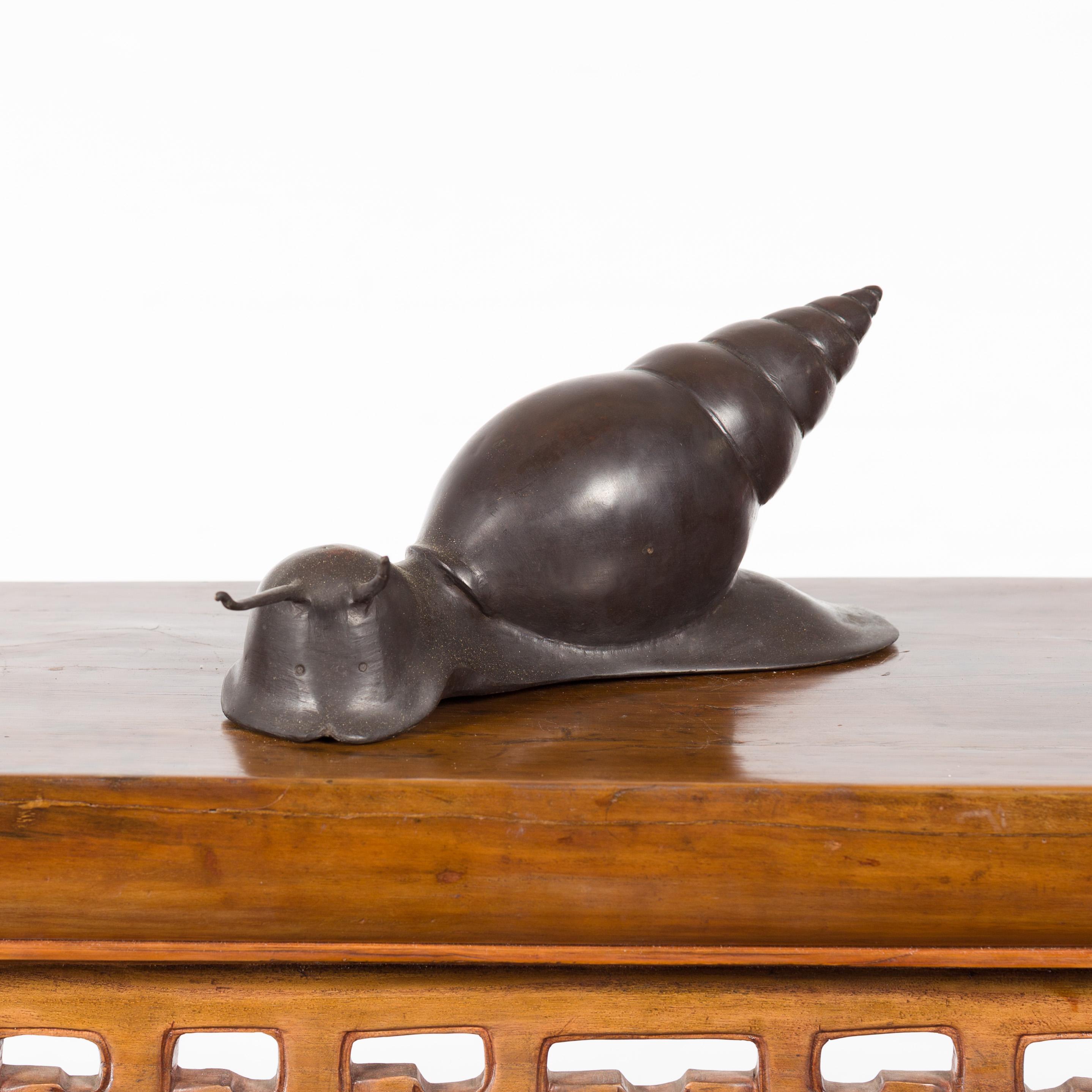 20th Century Small Vintage Lost Wax Cast Bronze Snail Sculpture with Dark Patina For Sale