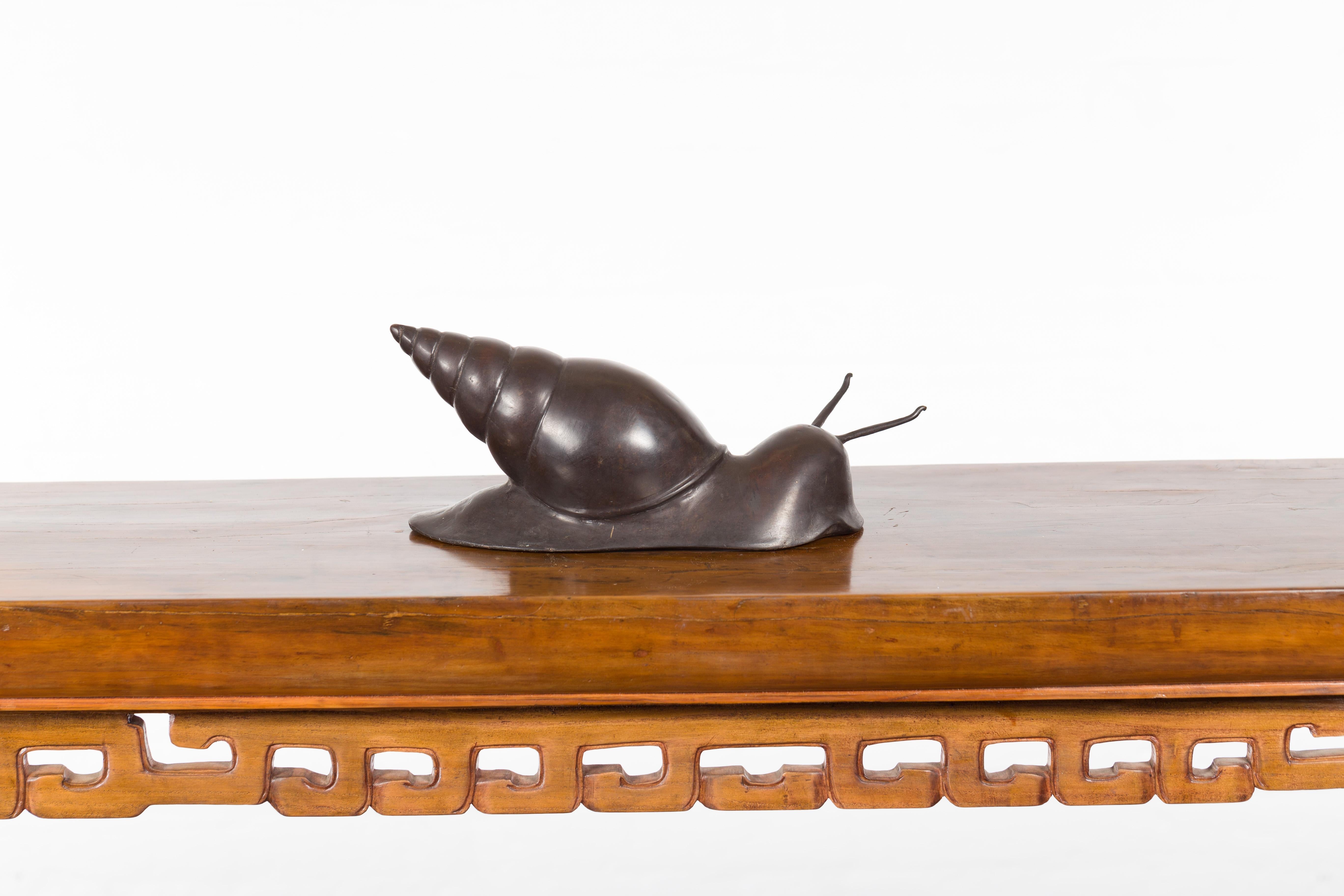 Small Vintage Lost Wax Cast Bronze Snail Sculpture with Dark Patina For Sale 3