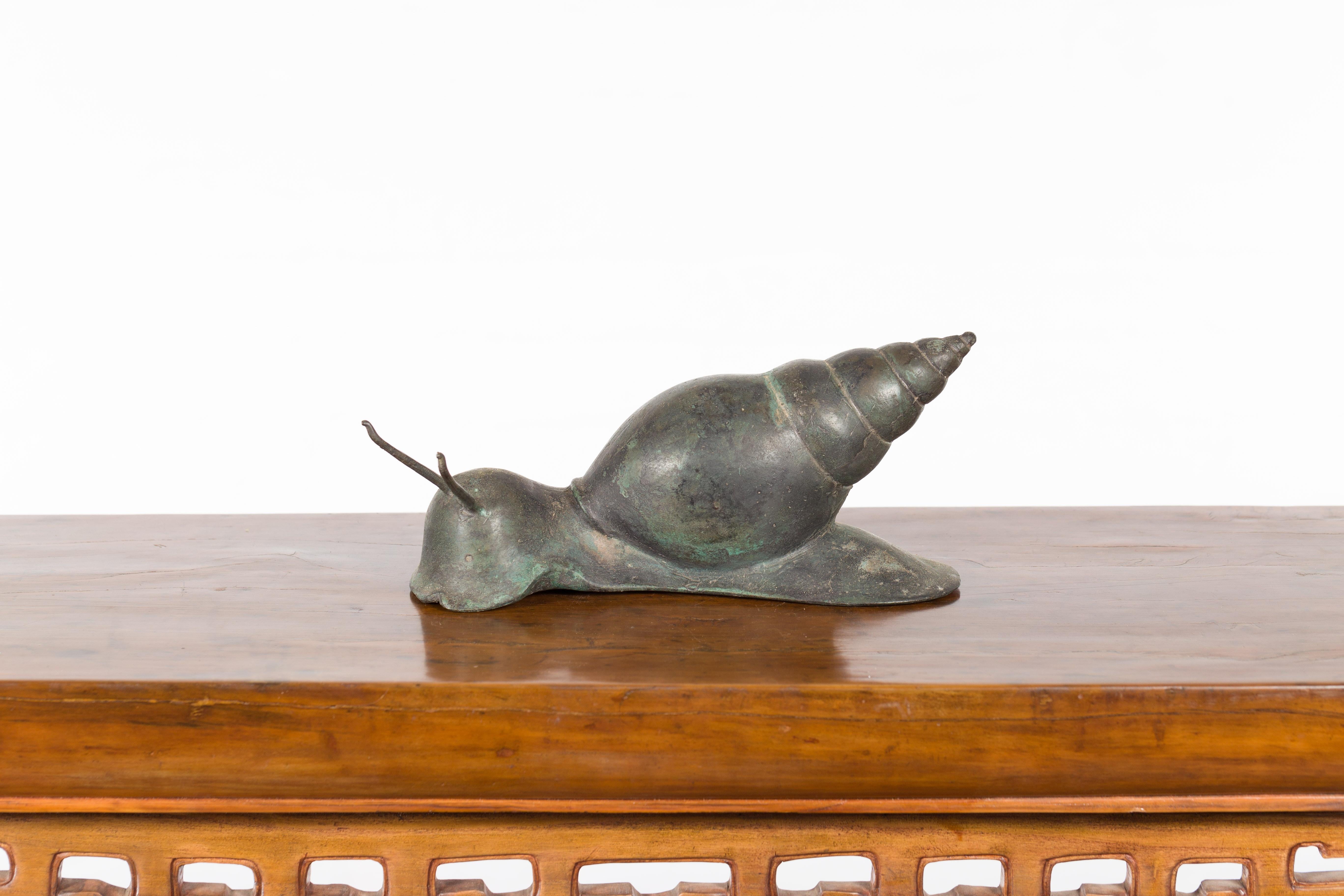 Small Vintage Lost Wax Cast Bronze Snail Sculpture with Verde Patina For Sale 3