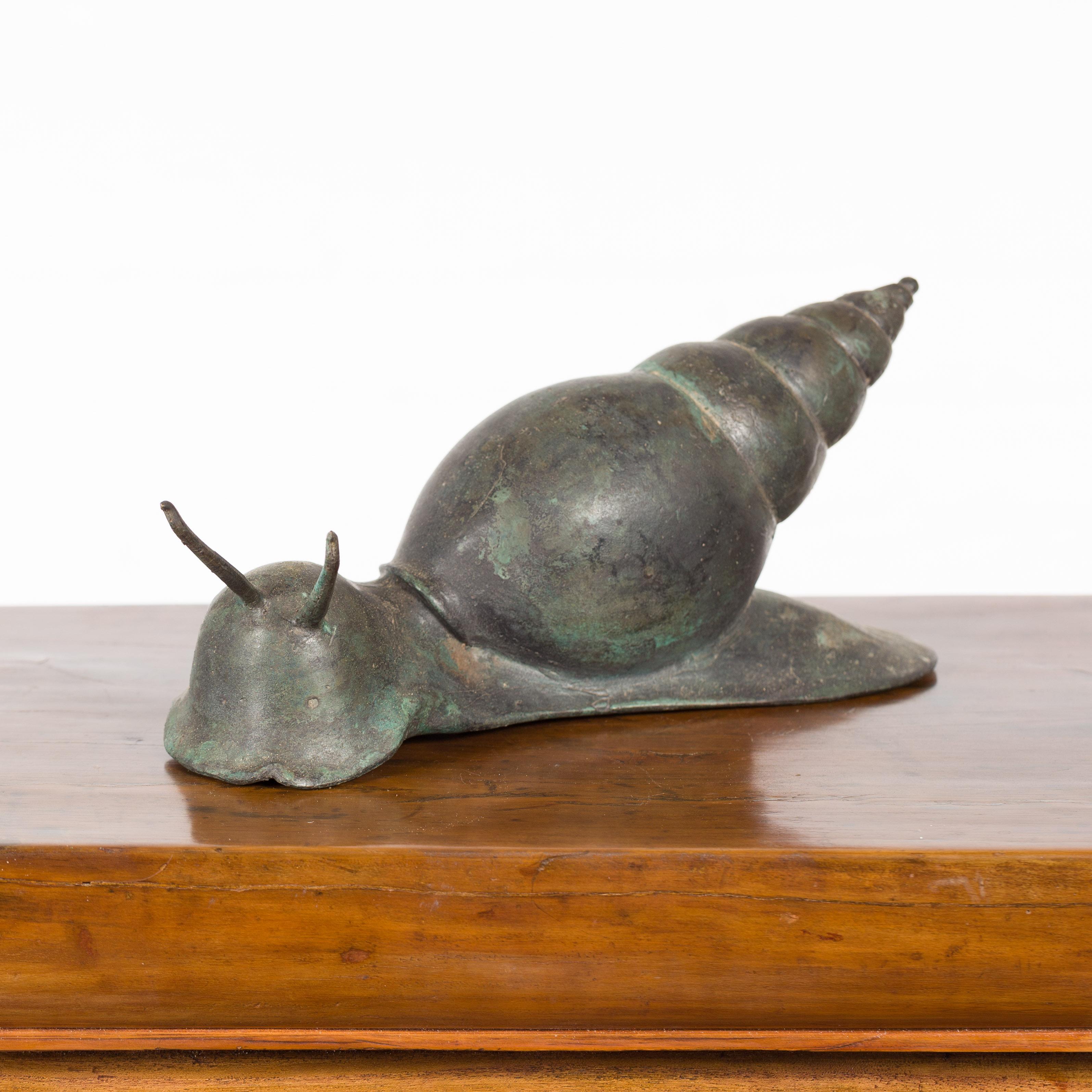 Mid-Century Modern Small Vintage Lost Wax Cast Bronze Snail Sculpture with Verde Patina For Sale