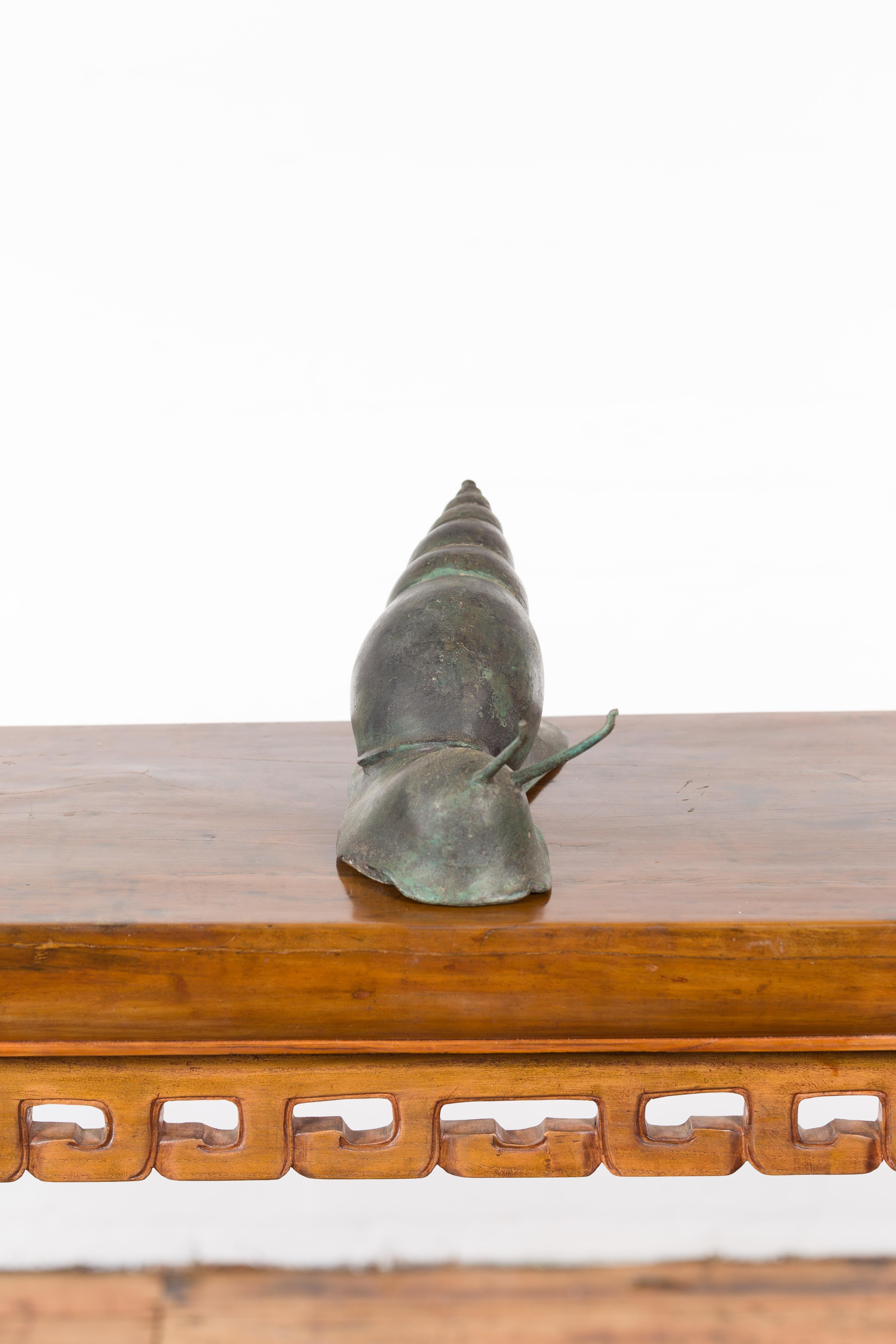 Small Vintage Lost Wax Cast Bronze Snail Sculpture with Verde Patina In Good Condition For Sale In Yonkers, NY