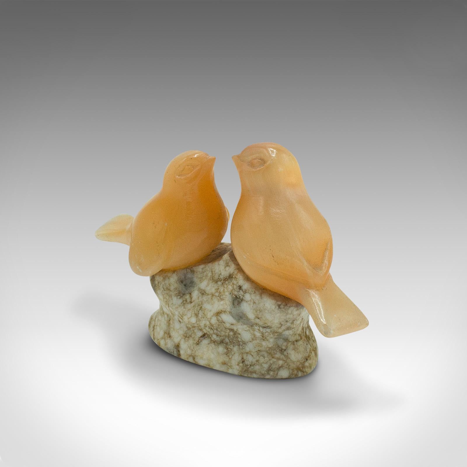 Small Vintage Lovebird Ornament, Japanese, Yellow Onyx, Figure, Art Deco, C.1940 In Good Condition In Hele, Devon, GB