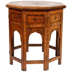 Small Vintage Moroccan Octagon Table with Intricate Brass Floral Inlay Motif