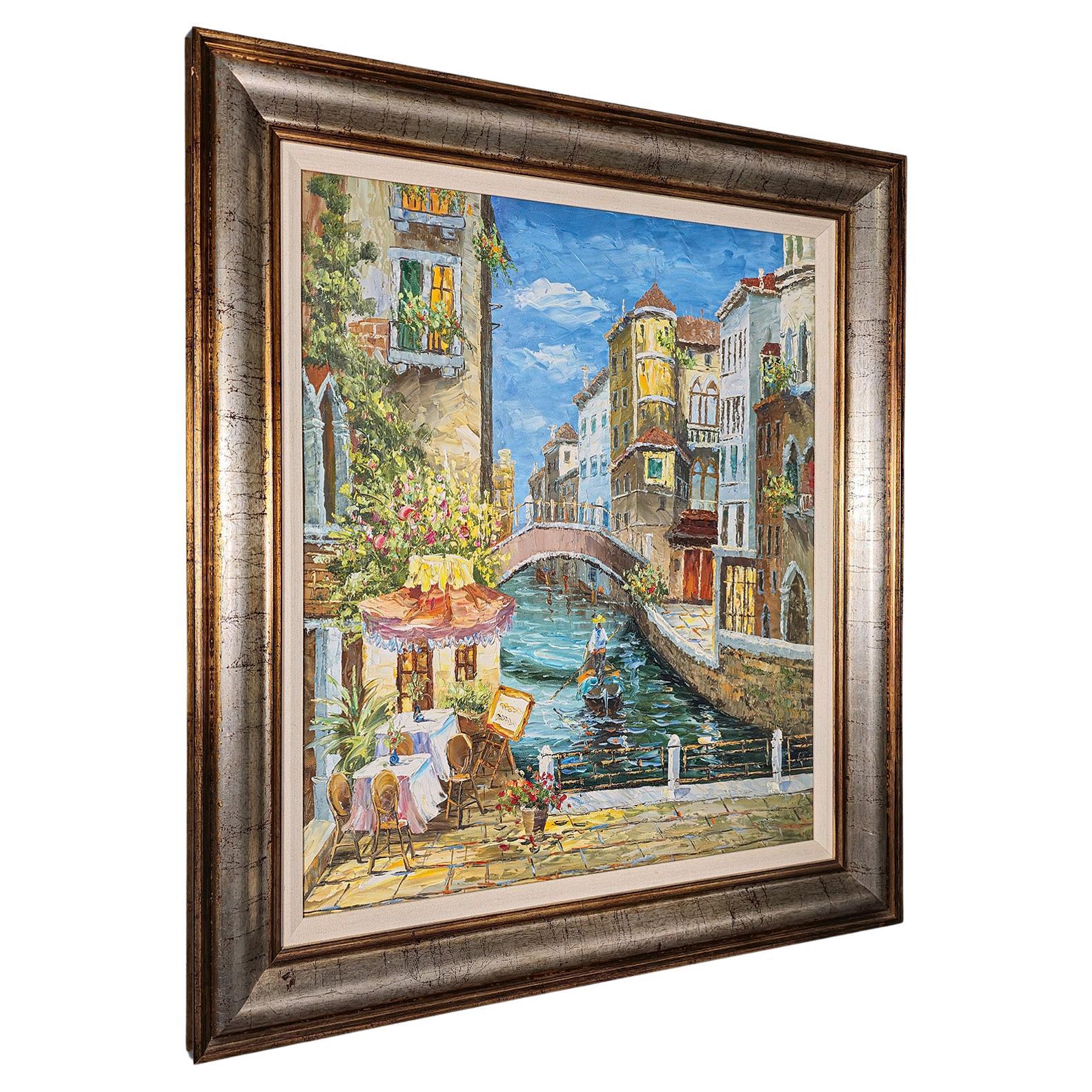 Vintage-Ölgemälde auf Leinwand, Venedig, Gemälde, venezianische Straßenszene, gerahmte Kunst