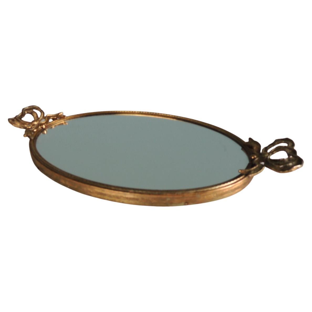 Large Gold Vintage French Filigree Oval Brass Vanity Tray with Mirror