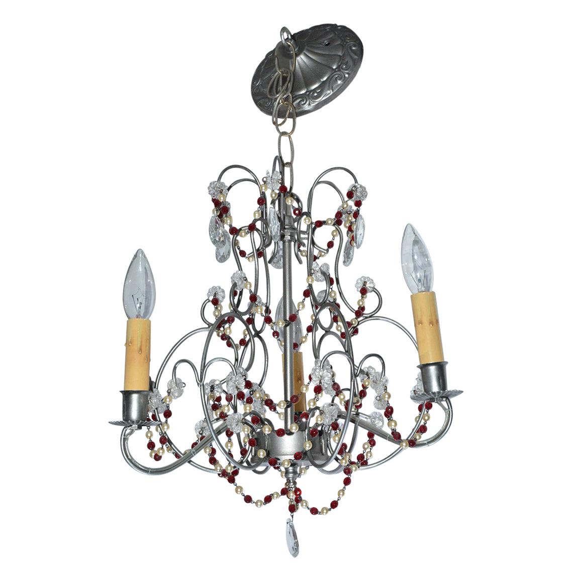 Small Pewter/Silver Tone Chandelier with Pearl and Ruby Beaded Swags For Sale
