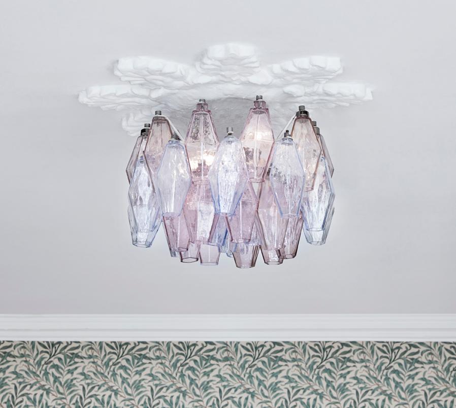 Adorable blue and purple polyhedral chandelier in blown glass.