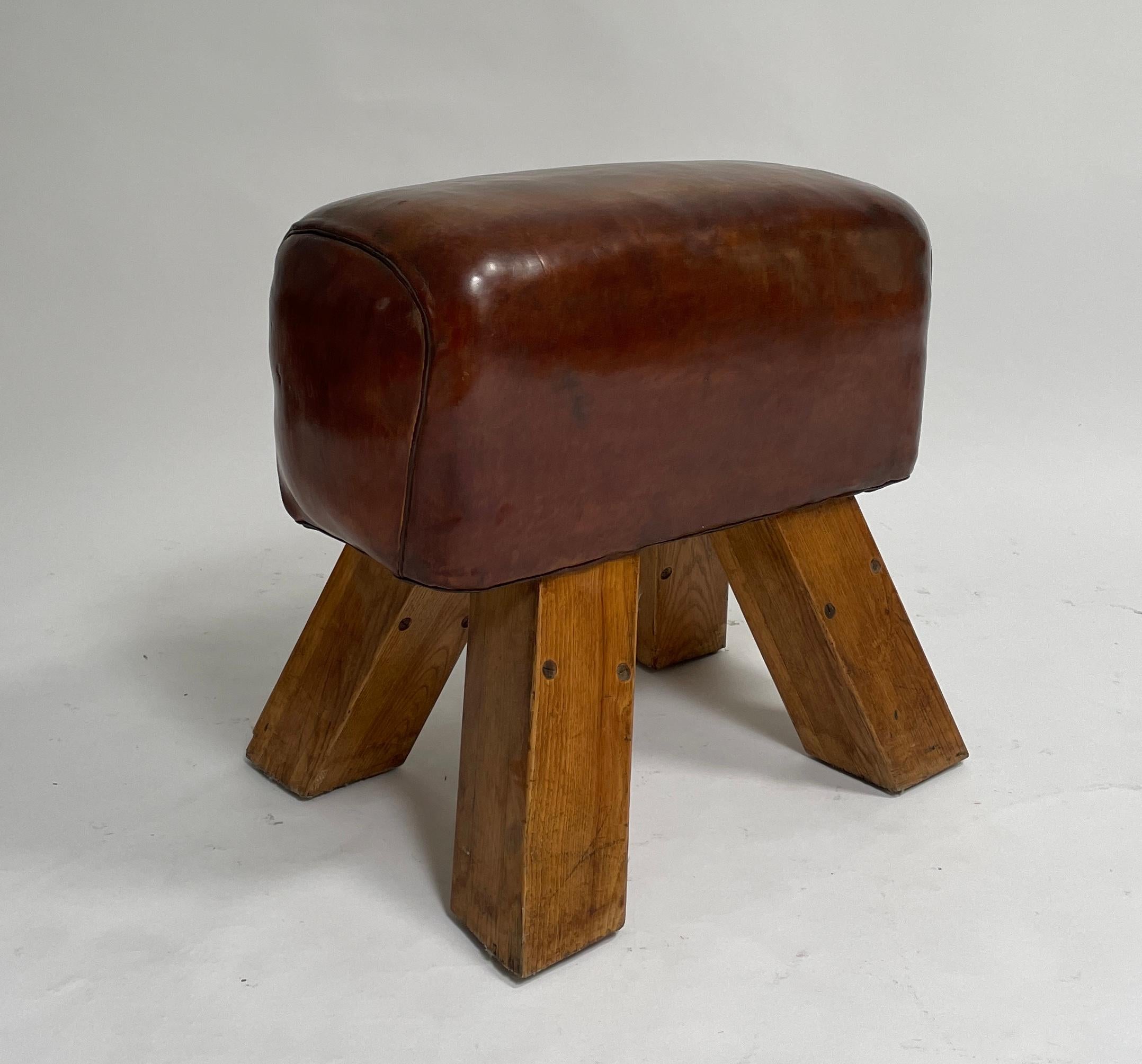 A beautiful piece from the 1940s. This pommel horse serves well as a small bench and a big conversation piece. The leathers patina is rich in history.
An authentic piece from a European gym.