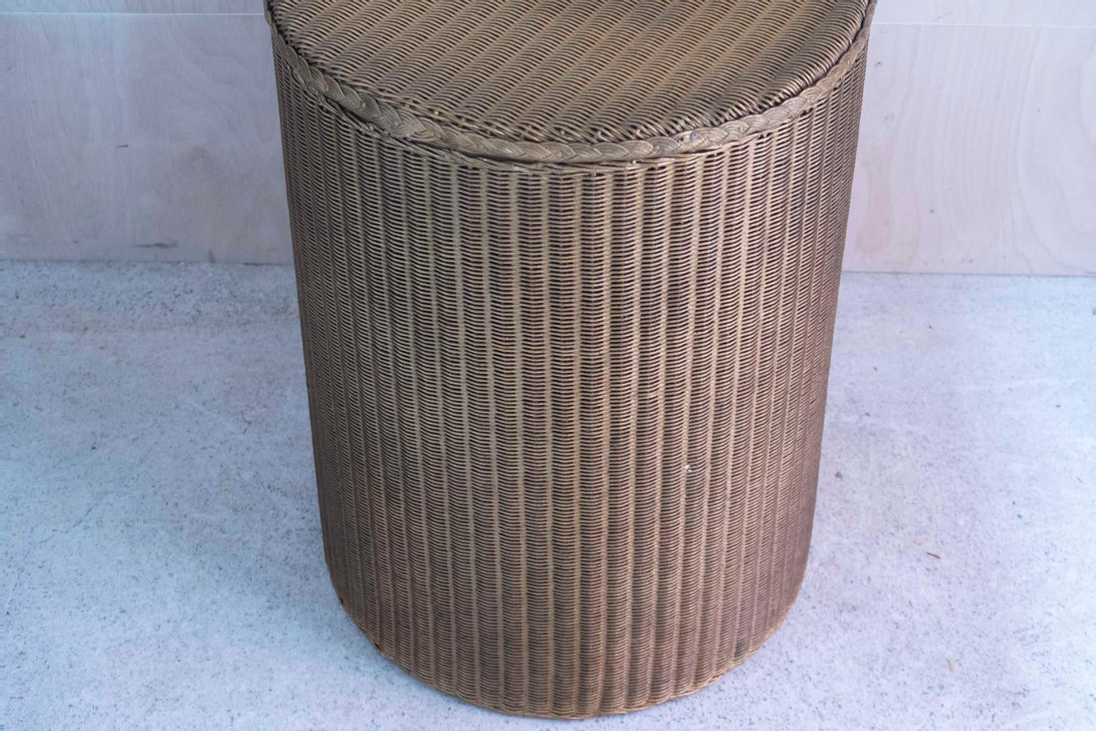 Papercord Small Vintage Rattan Gold Painted Round Bedside Table. English, C.1950