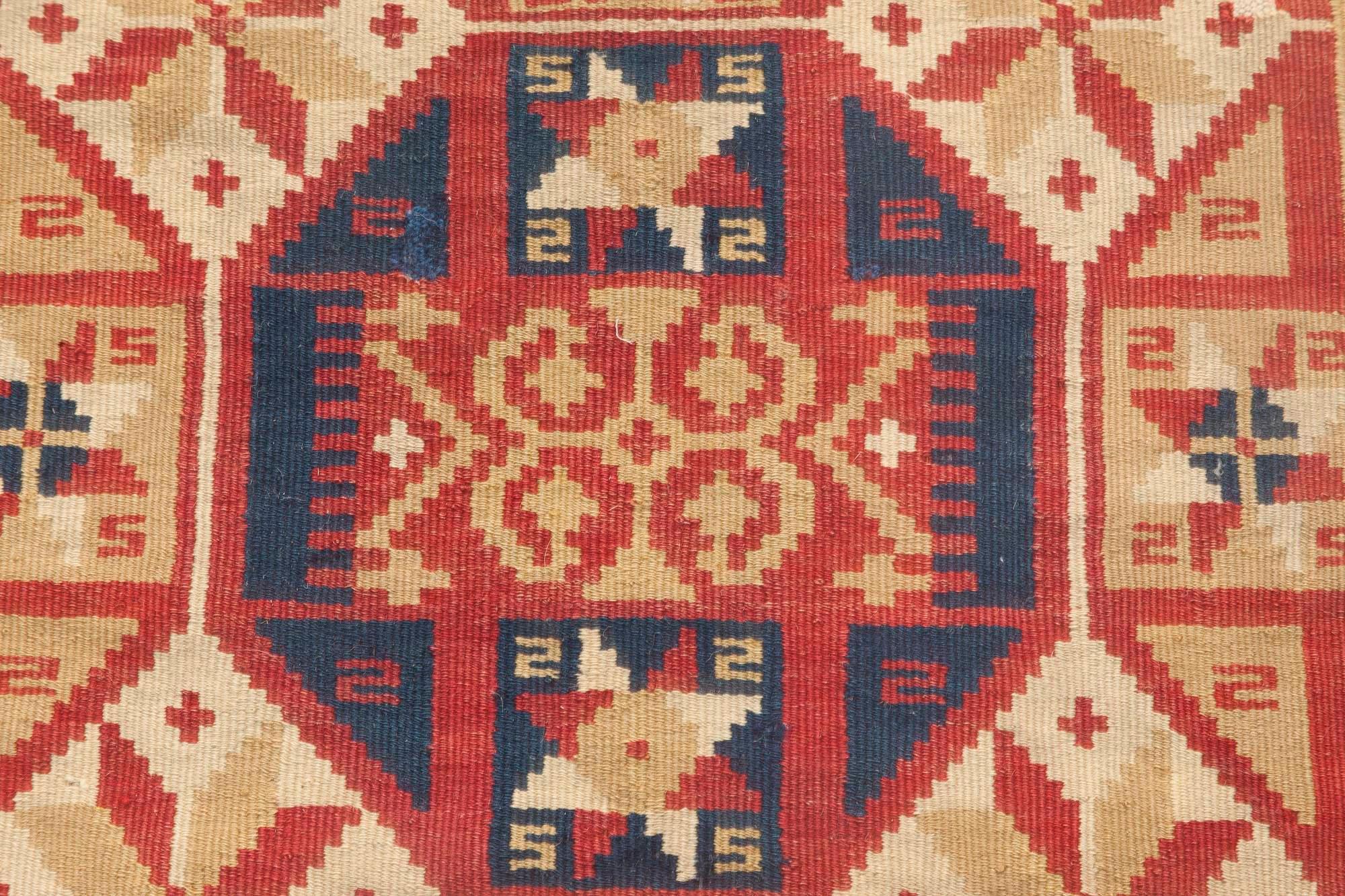 Mid-Century Modern Small Vintage Red Blue Swedish Flat-Weave Wool Rug For Sale