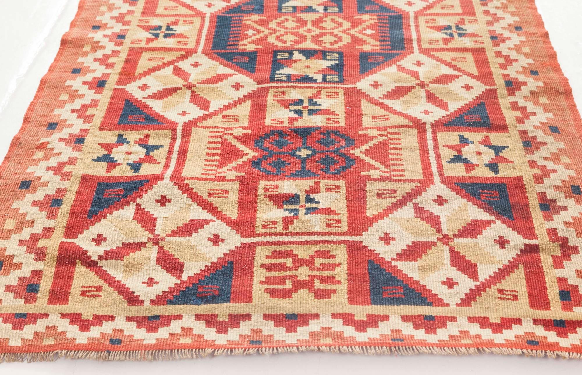 Hand-Knotted Small Vintage Red Blue Swedish Flat-Weave Wool Rug For Sale