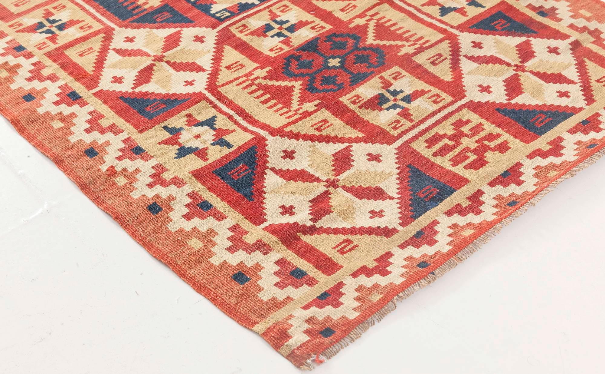 20th Century Small Vintage Red Blue Swedish Flat-Weave Wool Rug For Sale