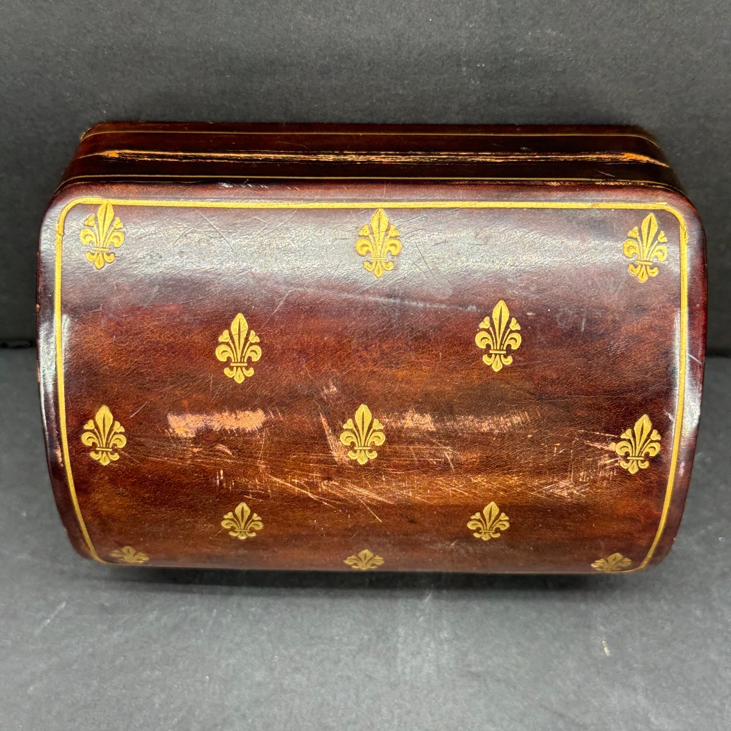 20th Century Small Vintage Red Leather Jewelry Box Fleur-De-Lis, Italy For Sale
