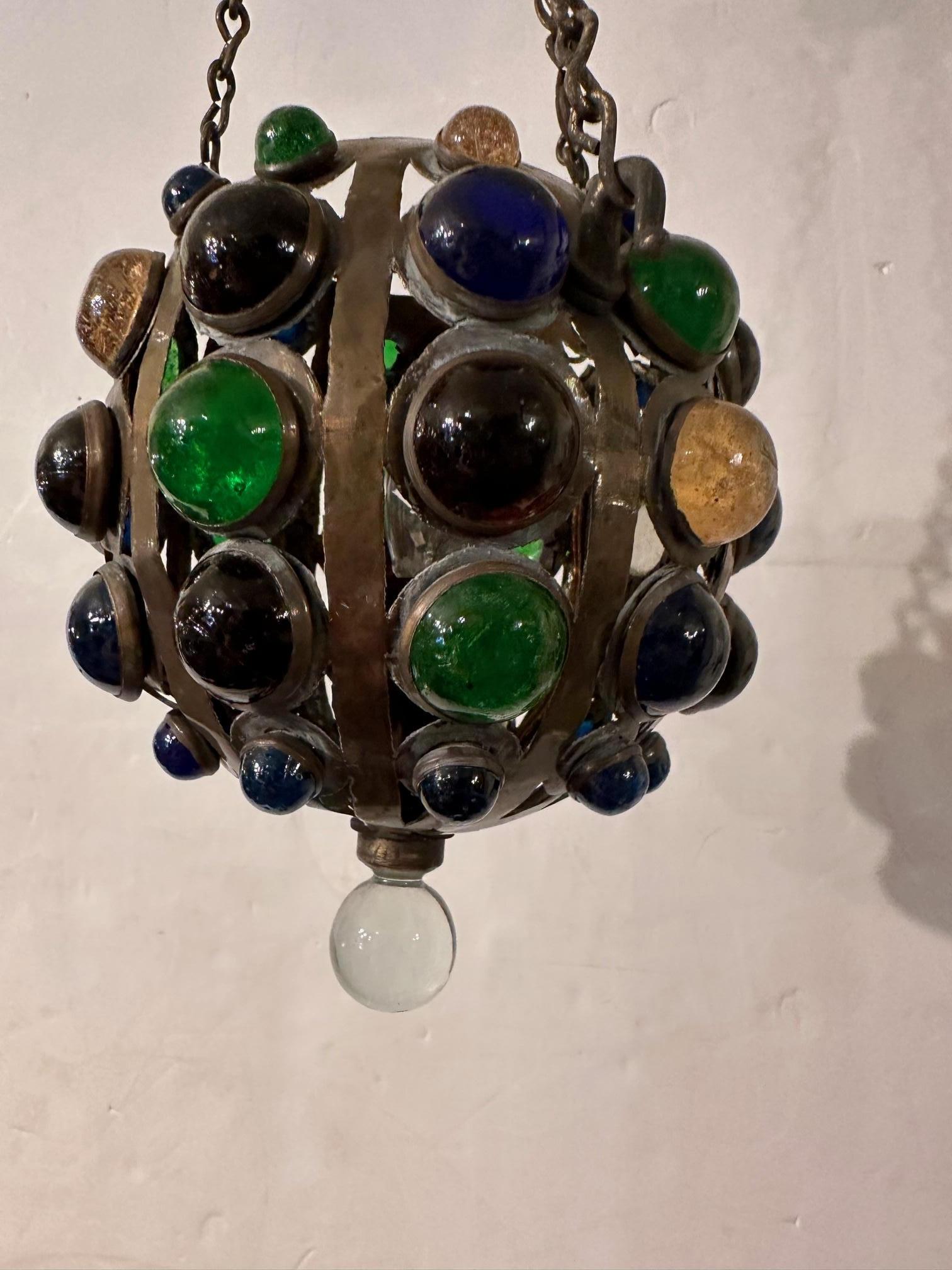 Moroccan Small Vintage Round Bronze & Colored Glass Encrusted Pendant Chandelier