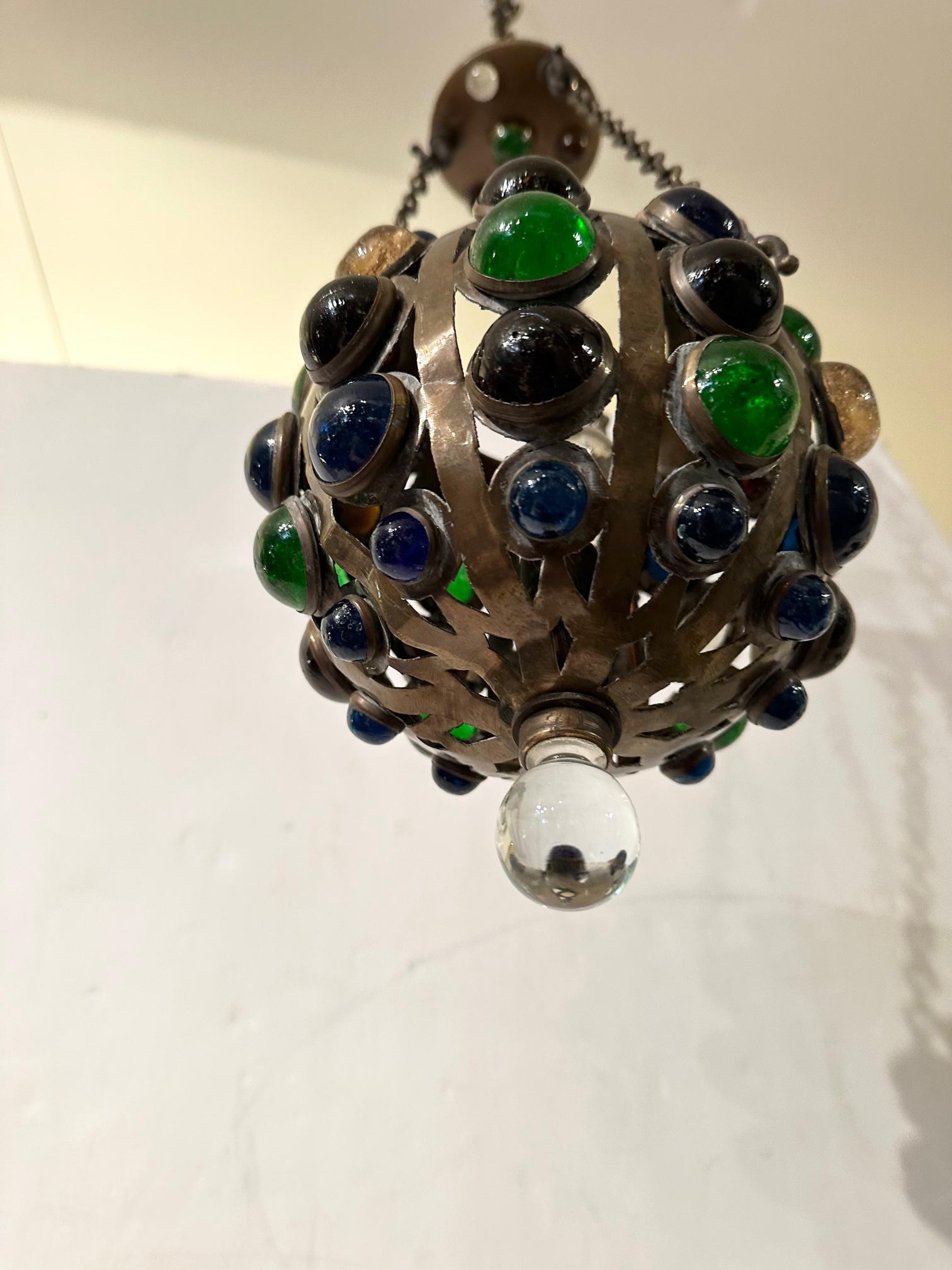 Small Vintage Round Bronze & Colored Glass Encrusted Pendant Chandelier 2