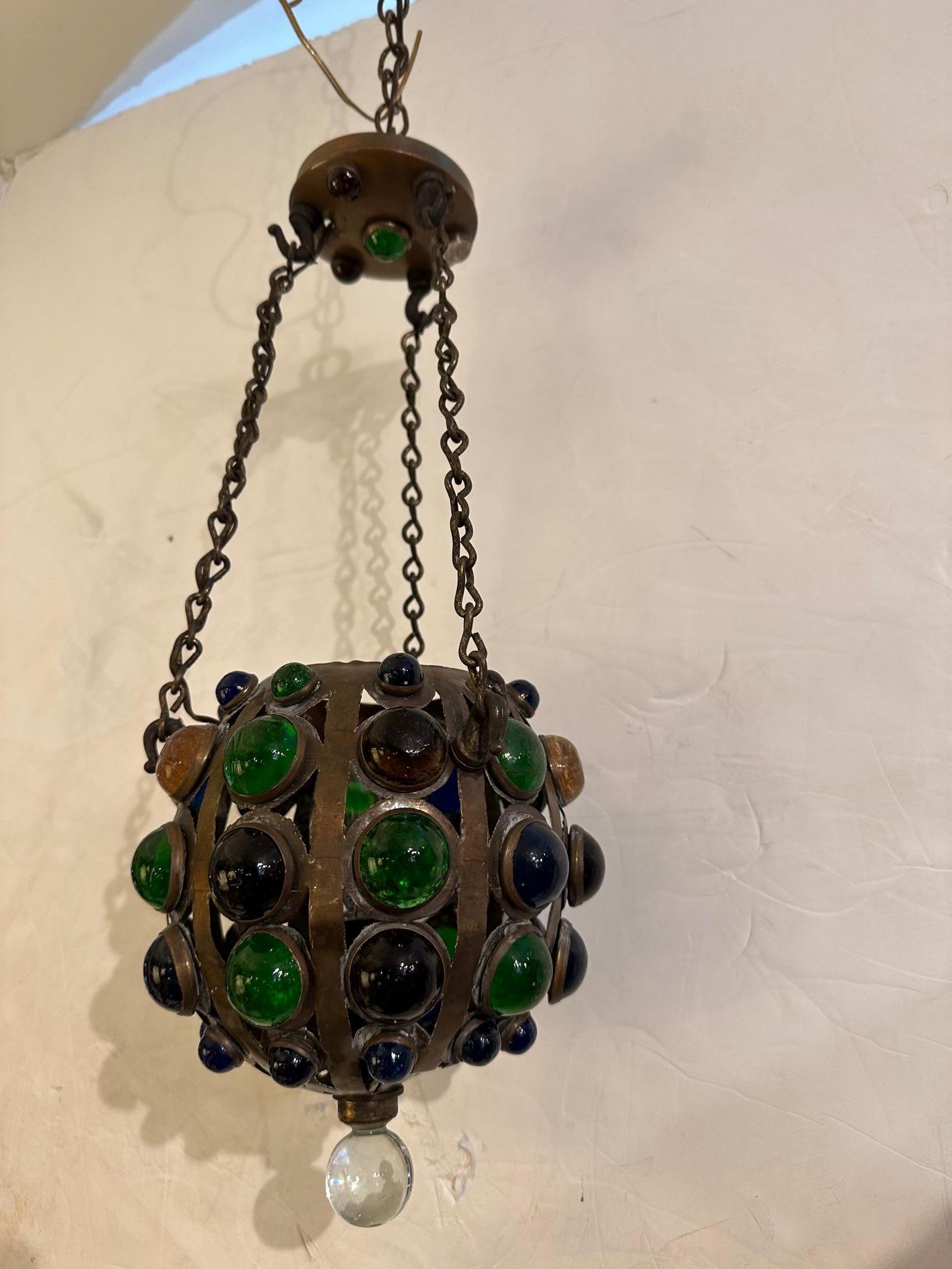 Small Vintage Round Bronze & Colored Glass Encrusted Pendant Chandelier 3