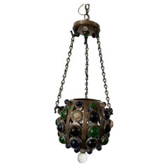 Small Antique Round Bronze & Colored Glass Encrusted Pendant Chandelier