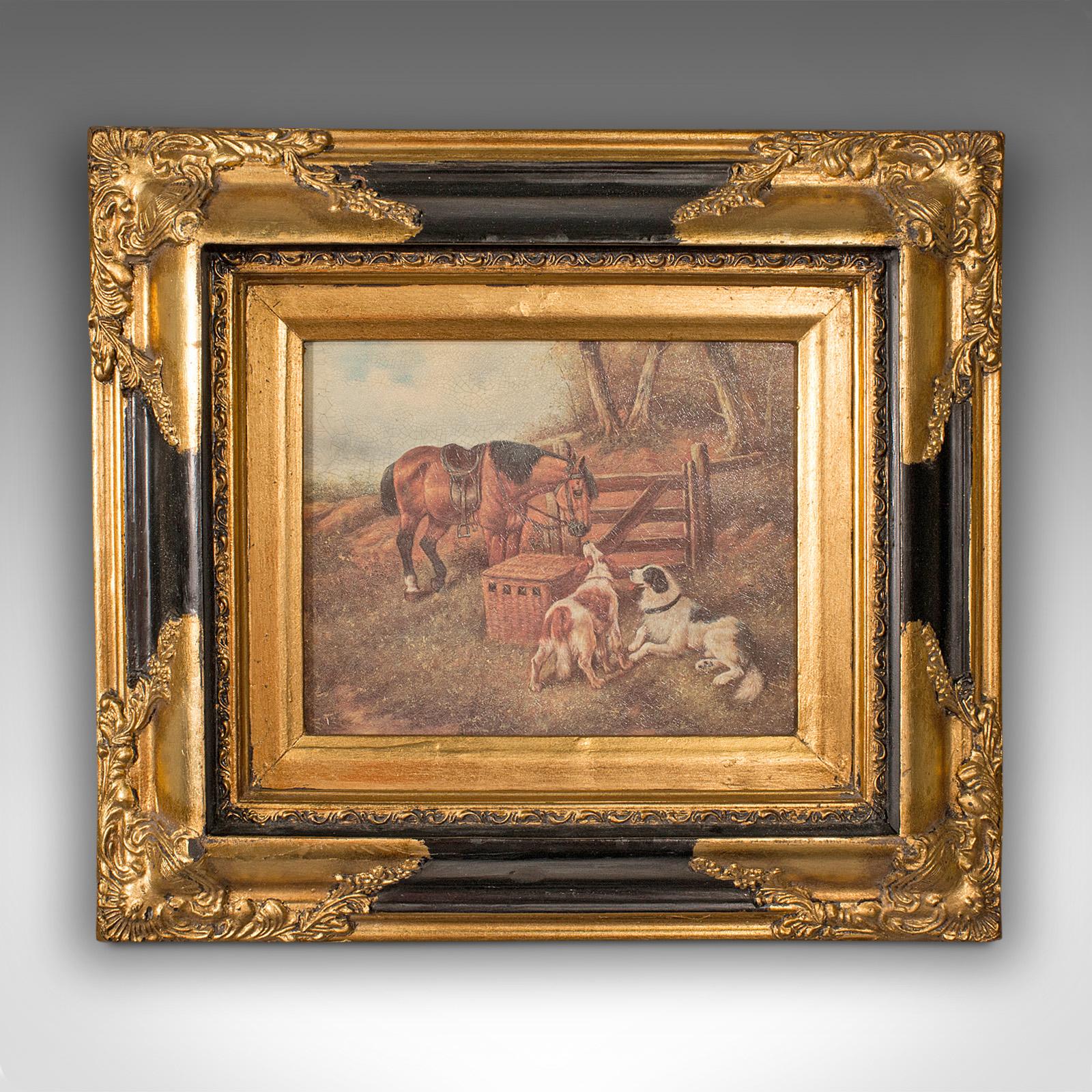 This is a small vintage rural scene. An English, gilt framed decorative picture with countryside and equine appeal, dating to the late 20th century, circa 1980.

Deeply framed with a charming animal scene
Displays a desirable aged patina, one