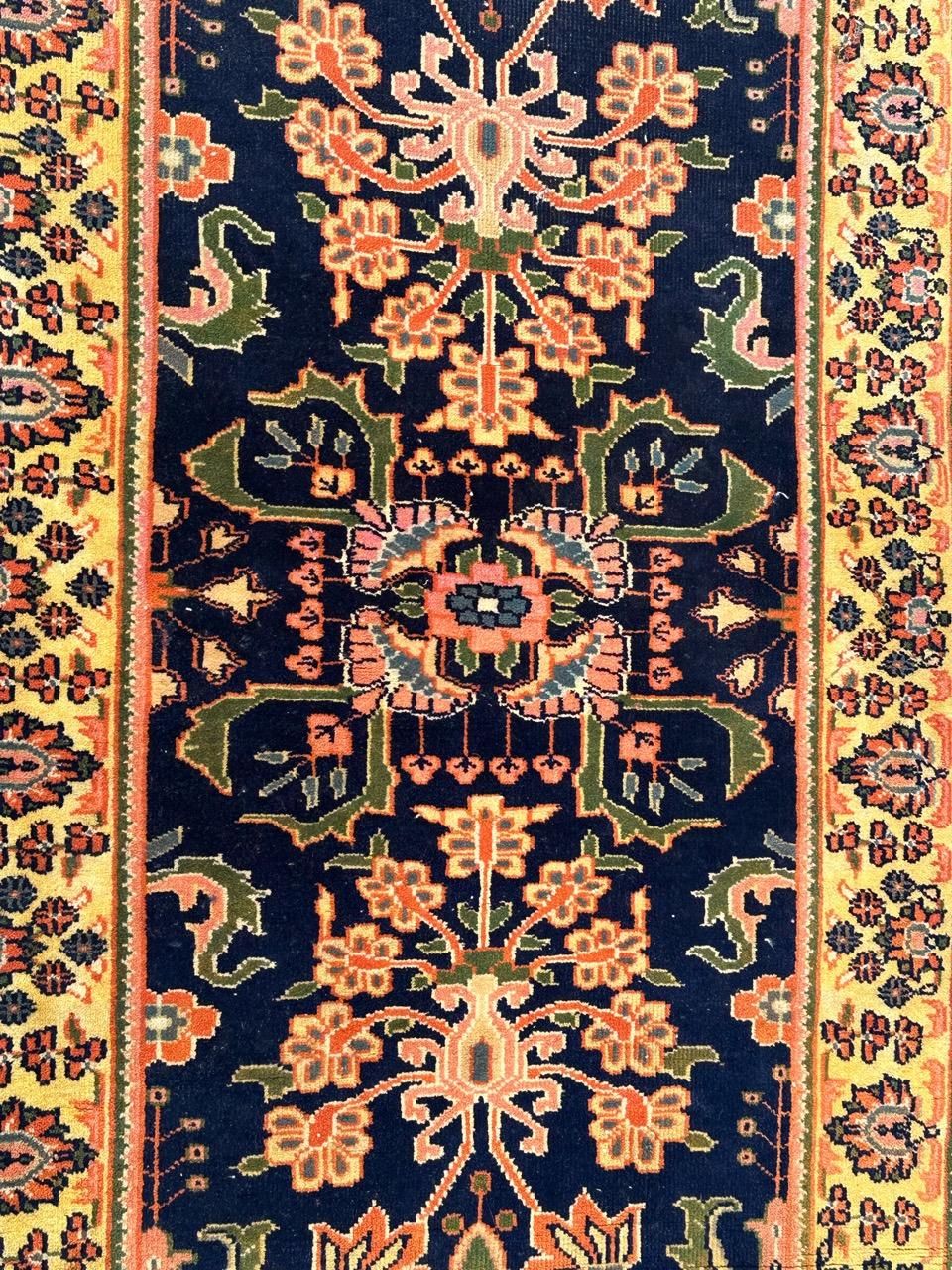 Beautiful late 20th century floral design rug with nice colors with navy blue background, yellow , green, pink, white and red, entirely hand knotted with wool velvet on cotton foundation.

✨✨✨

