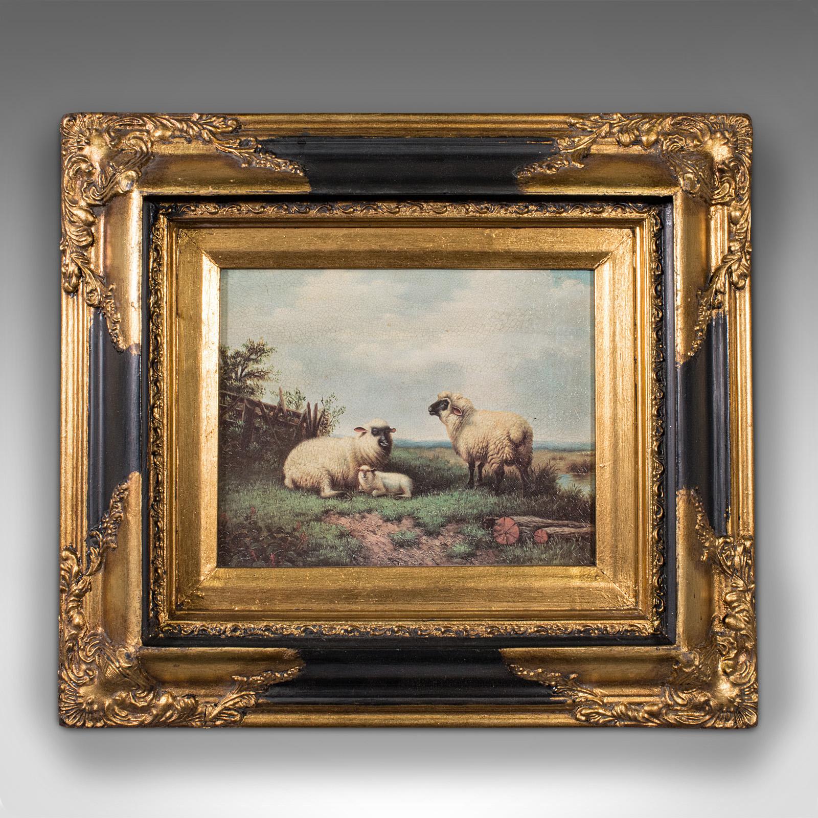 This is a small vintage sheep scene. An English, gilt framed decorative picture with countryside appeal, dating to the late 20th century, circa 1980.

Petite and charming, with rural decorative appeal.
Displays a desirable aged patina and in good
