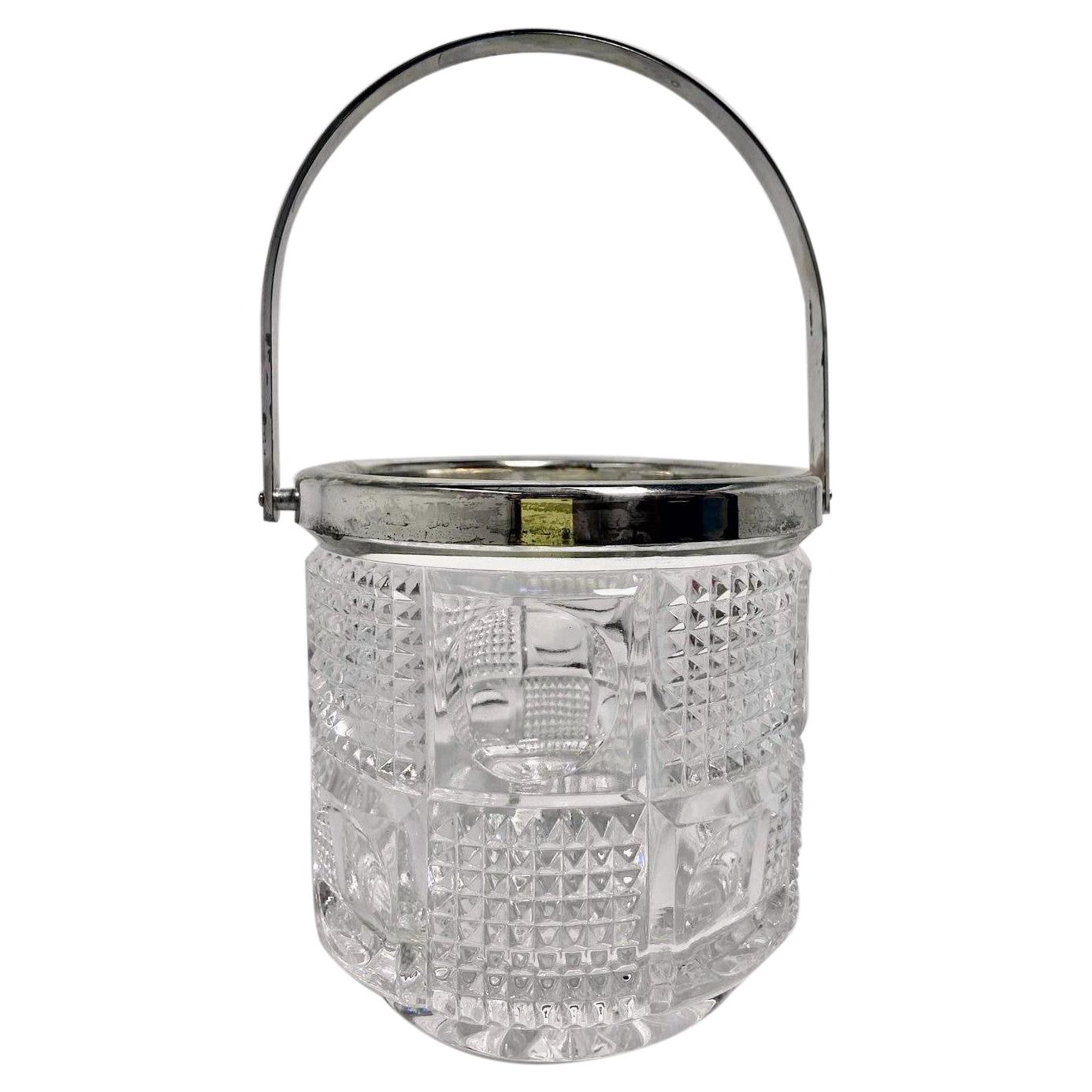 Small Vintage Silver-Plate and Crystal Glass Ice Bucket, Circa 1940-1950