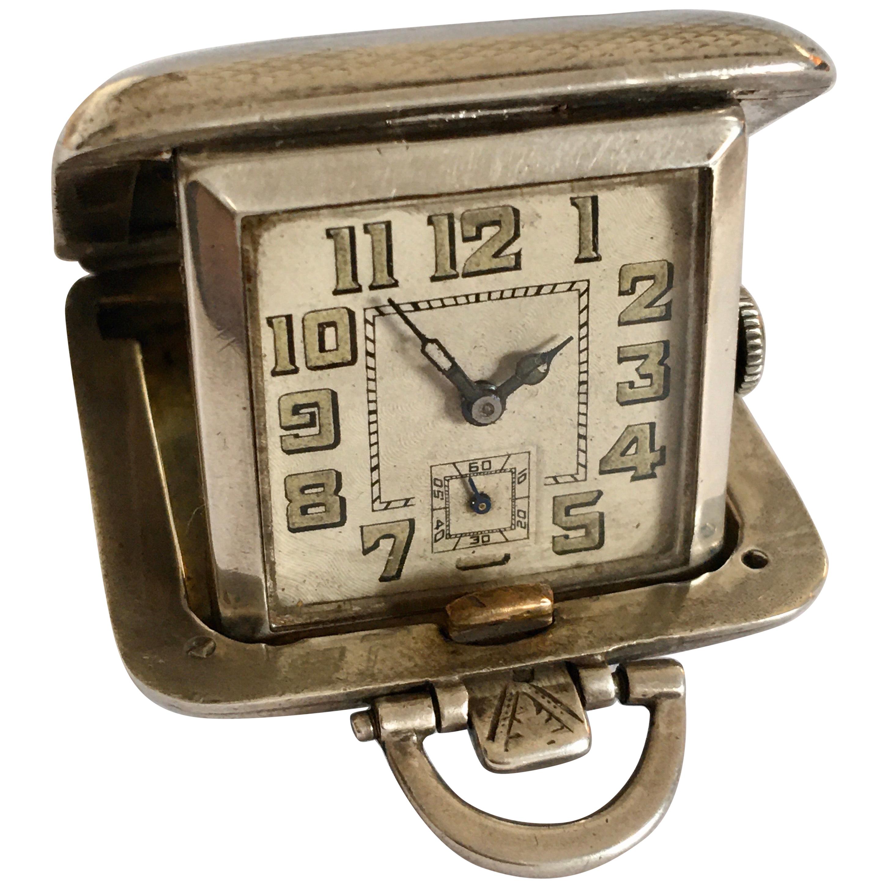 Small Vintage Silver Travel Clock For Sale