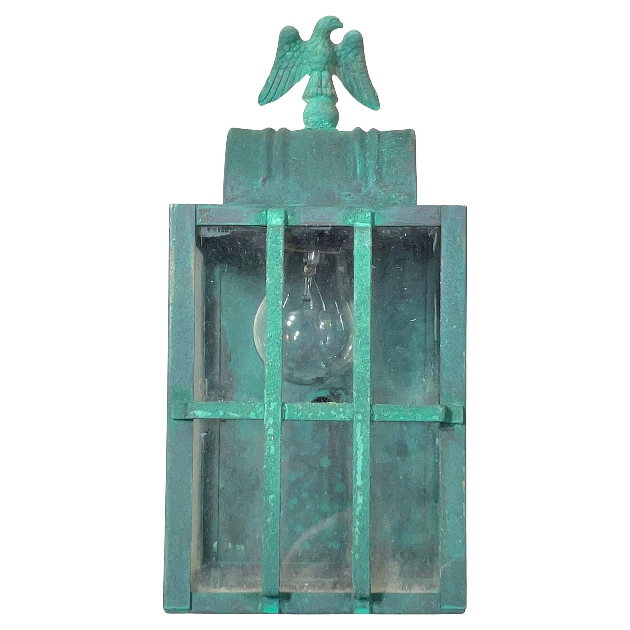 Small Vintage Solid Brass Federal Eagle Outdoor Lantern 4”.5W x 5”D x 9”.5 H For Sale