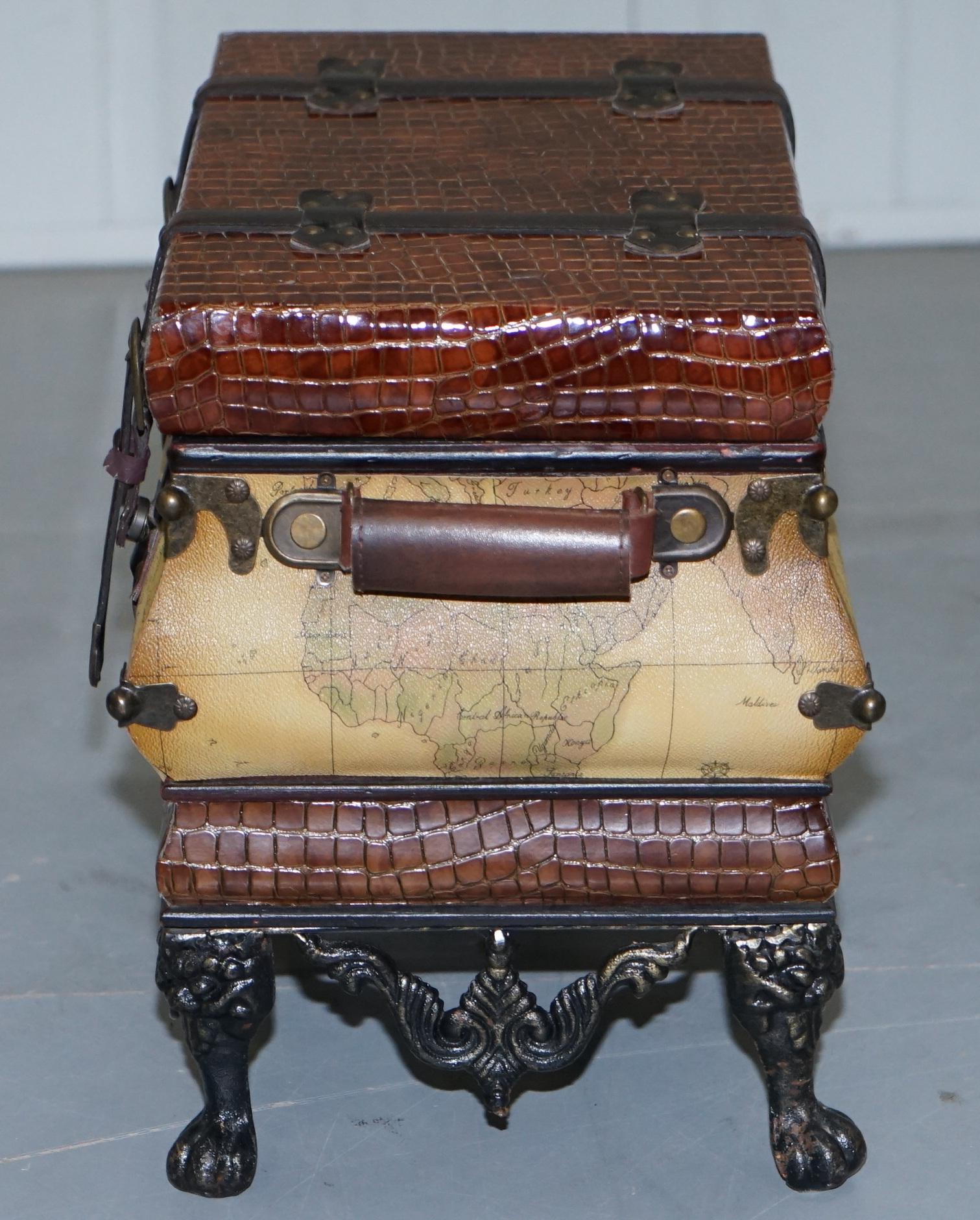 20th Century Small Vintage Style Luggage Trunk Chest Wrought Iron Base Map Detailing Must See