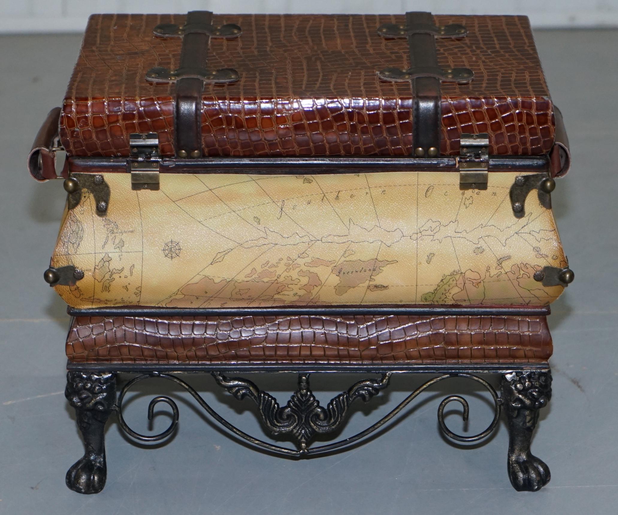 20th Century Small Vintage Style Luggage Trunk Chest Wrought Iron Base Map Detailing Must See